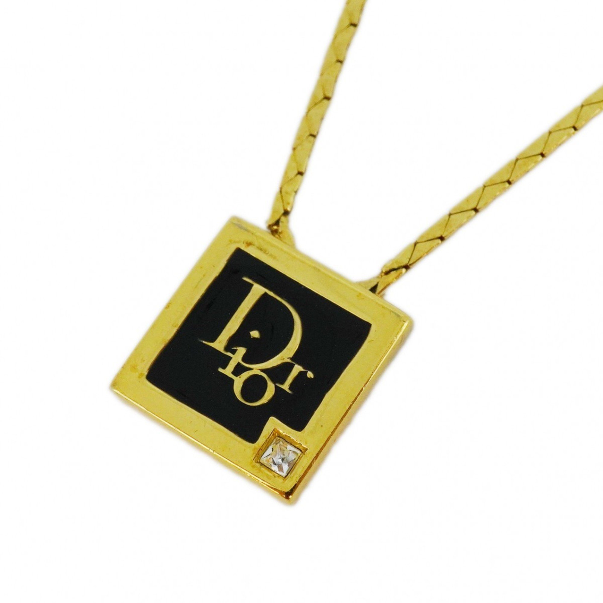 Christian Dior Necklace Square Rhinestone GP Plated Gold Black Women's