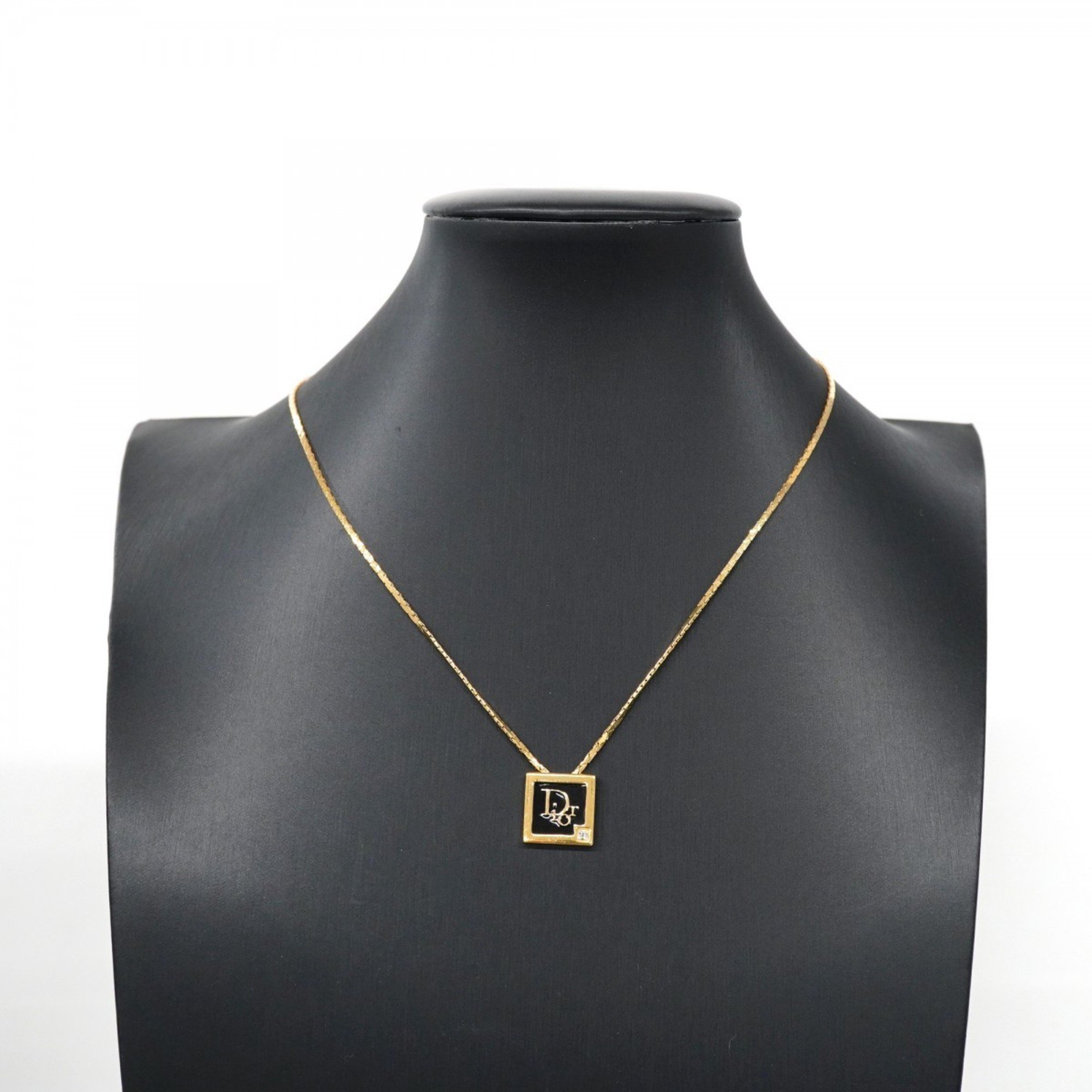 Christian Dior Necklace Square Rhinestone GP Plated Gold Black Women's