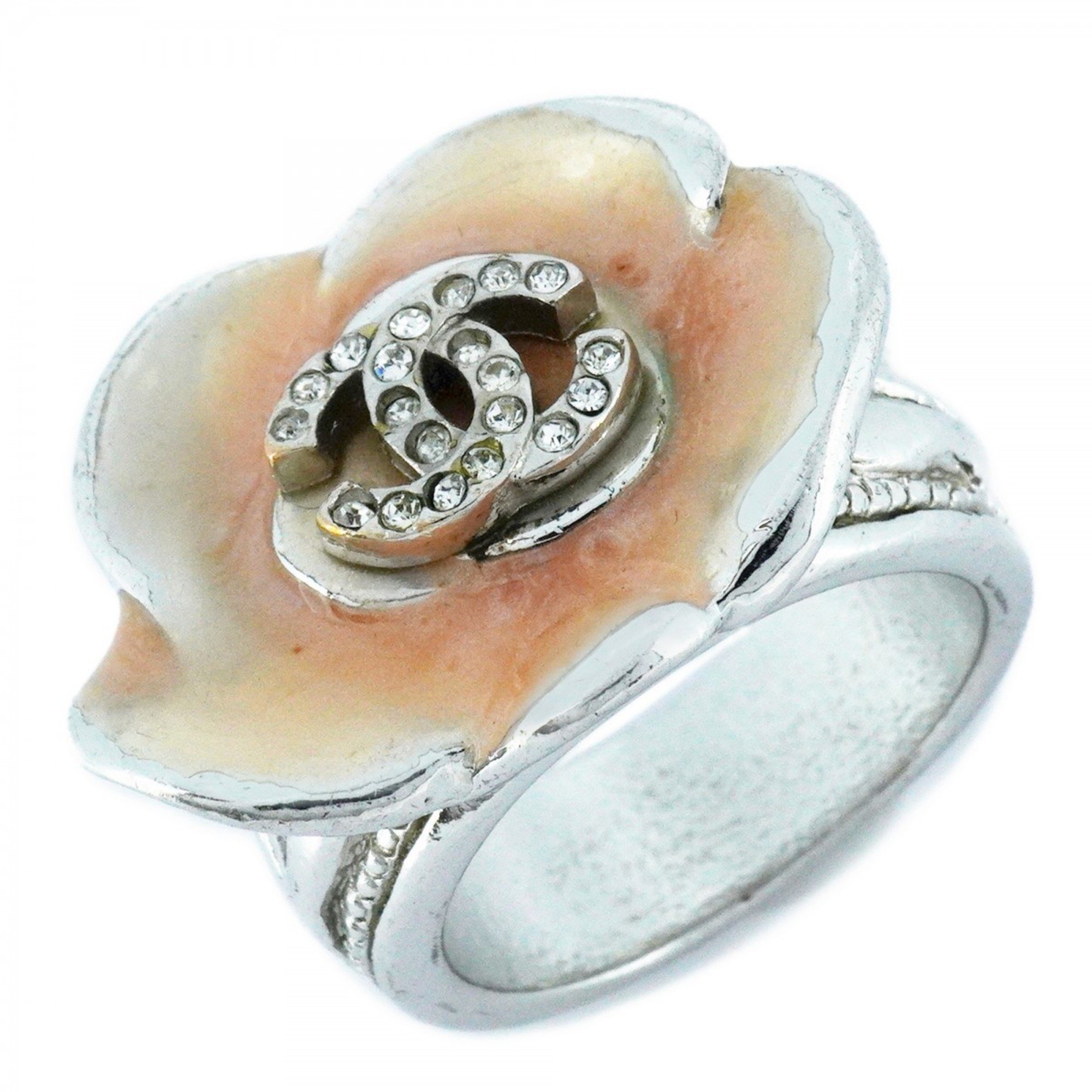 Chanel Ring Coco Mark Camellia Rhinestone Metal Silver Pink Size 13 Women's