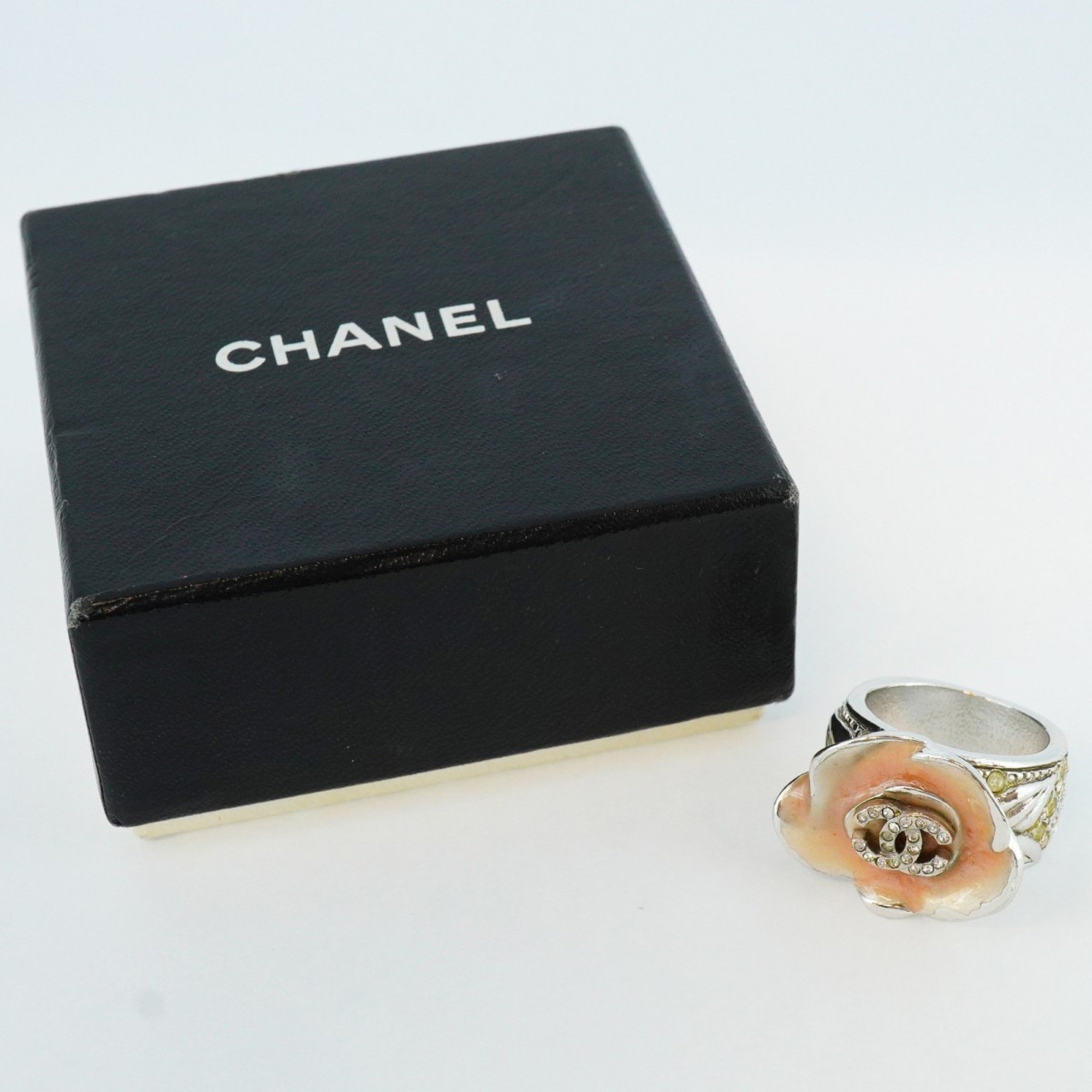 Chanel Ring Coco Mark Camellia Rhinestone Metal Silver Pink Size 13 Women's