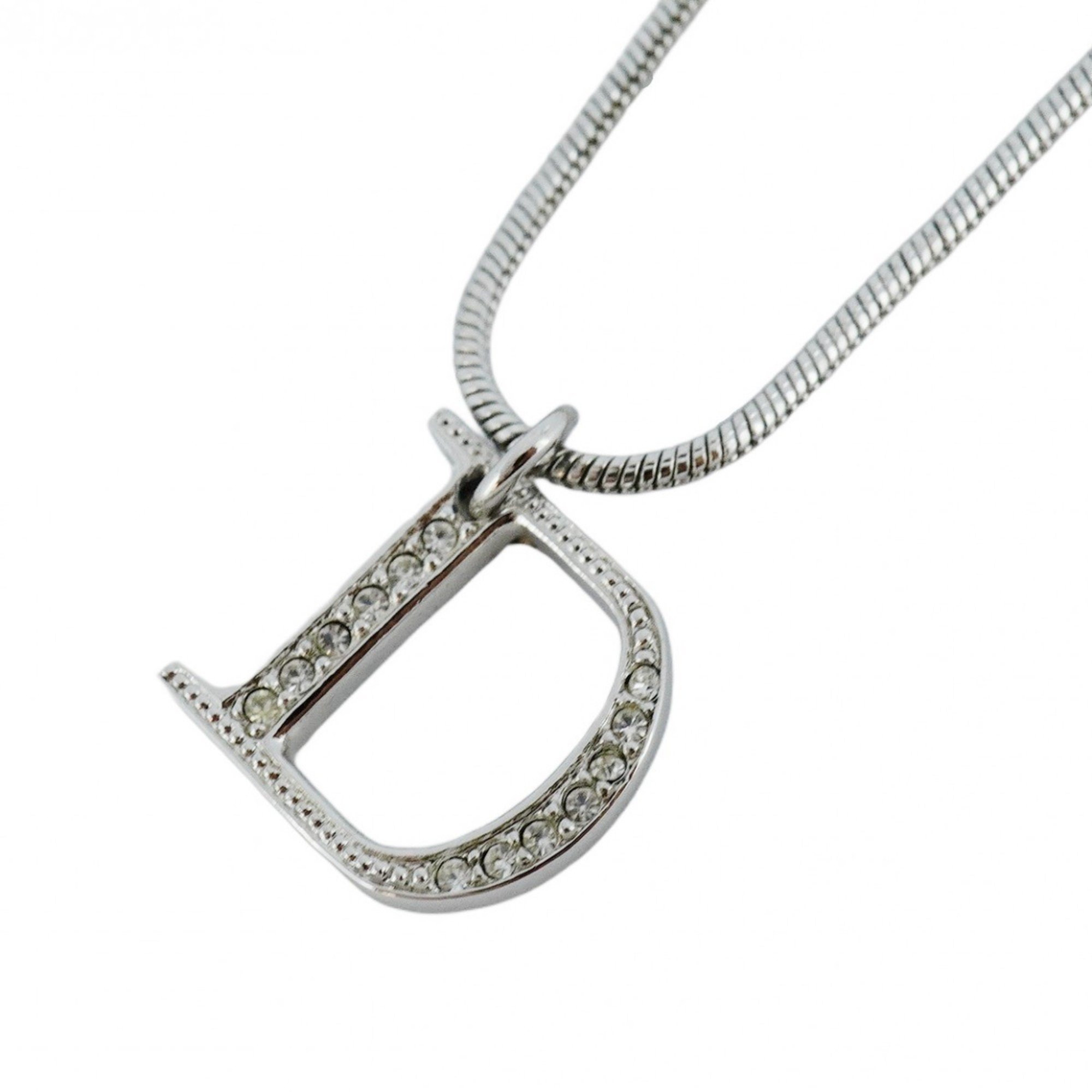 Christian Dior Necklace D Rhinestone Metal Silver Women's