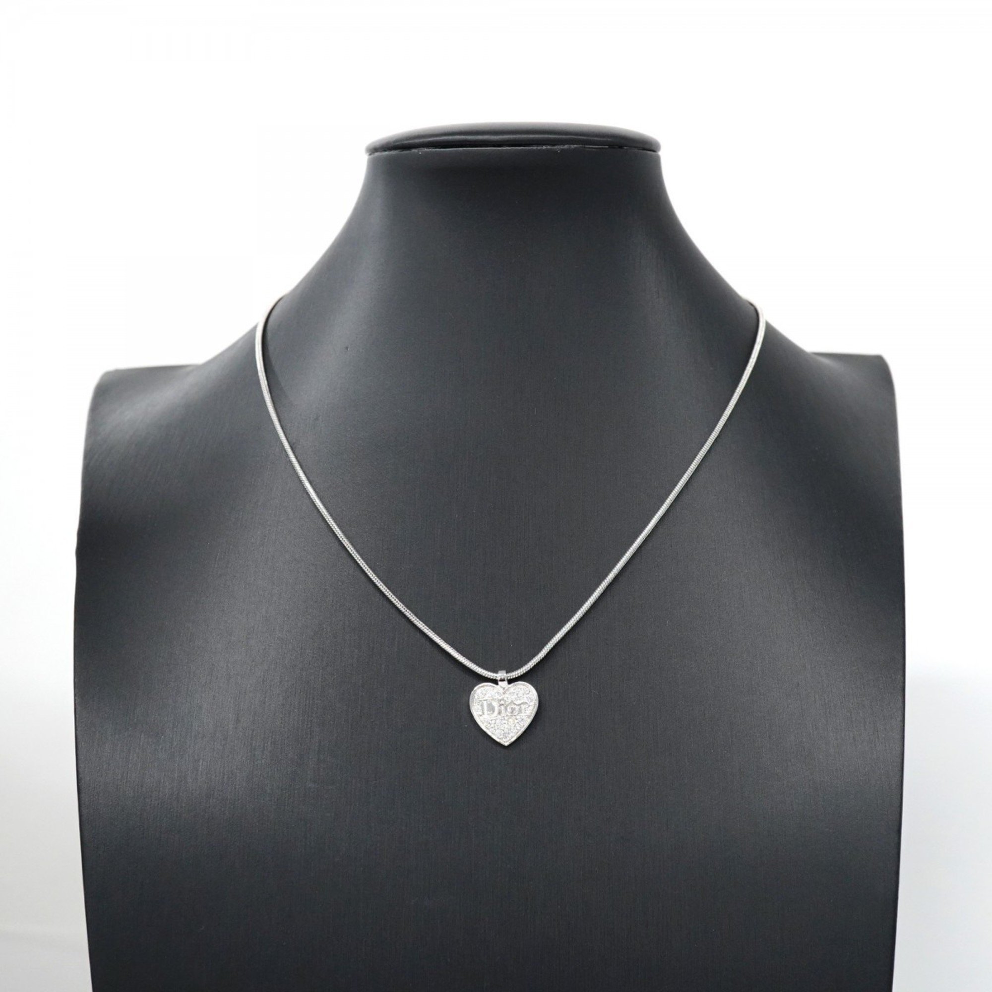 Christian Dior Necklace Heart Motif Rhinestone Metal Silver Women's