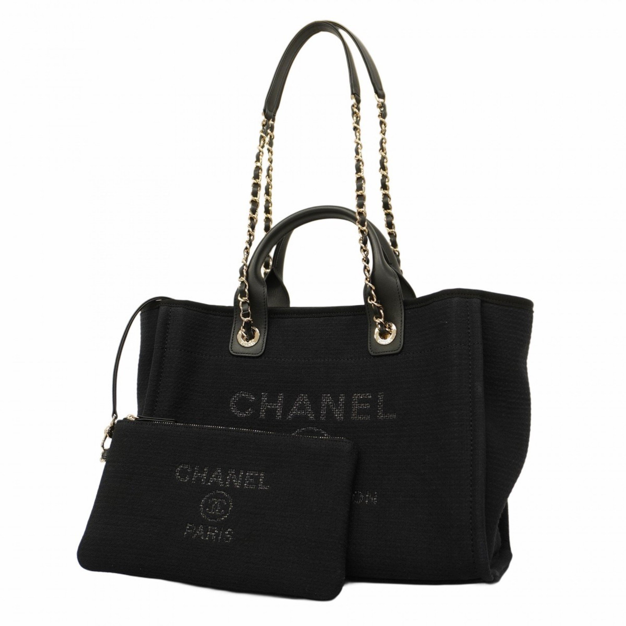 Chanel Handbag Deauville Canvas Black Champagne Ladies