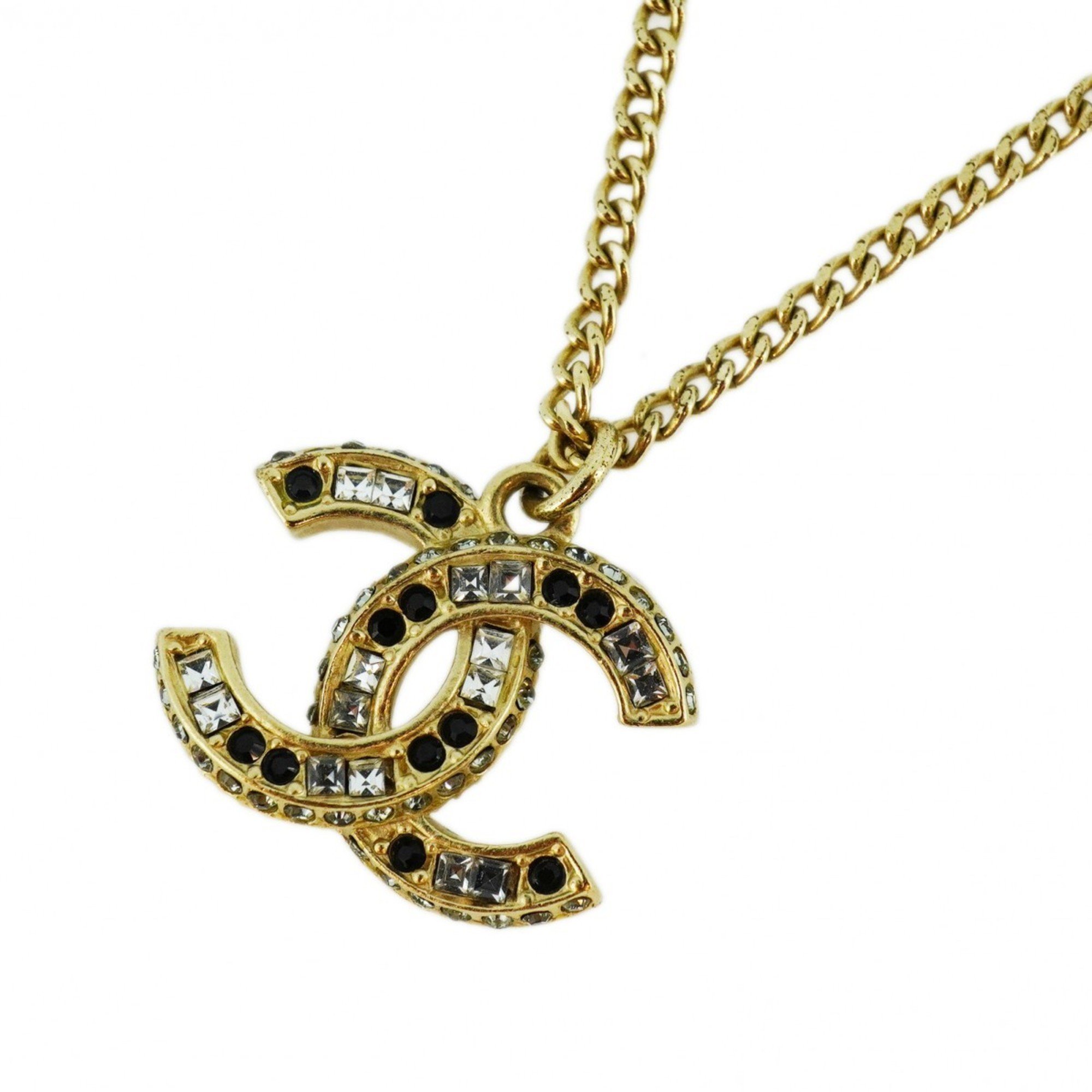 Chanel Necklace Coco Mark Rhinestone Color Stone GP Plating Champagne Gold Black Ladies