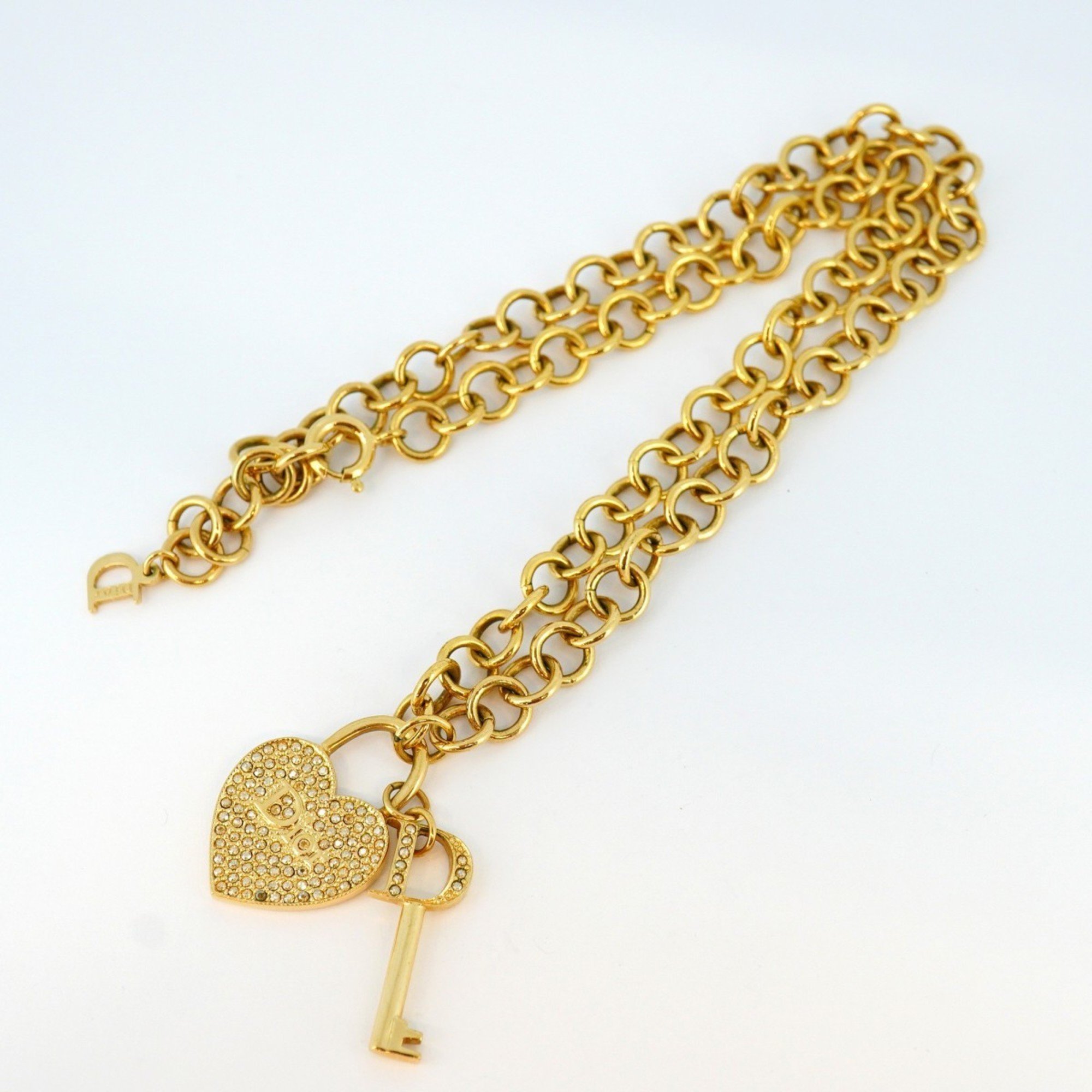 Christian Dior Necklace D Heart Motif Key Rhinestone GP Plated Gold Ladies