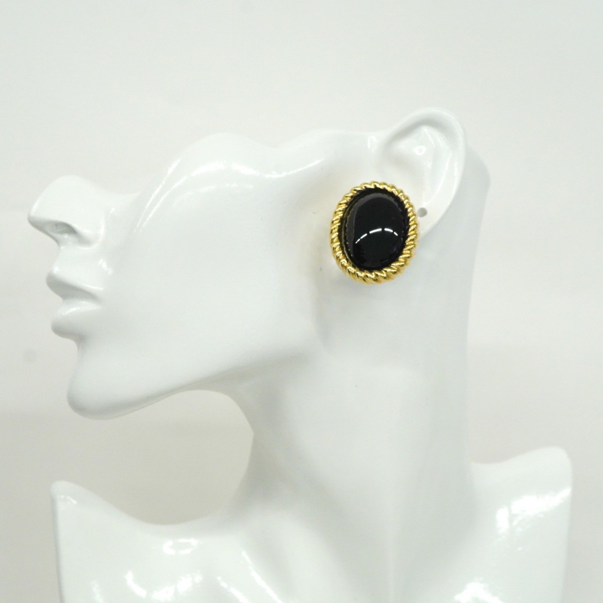 Christian Dior Earrings Oval Color Stone GP Plated Gold Black Women's