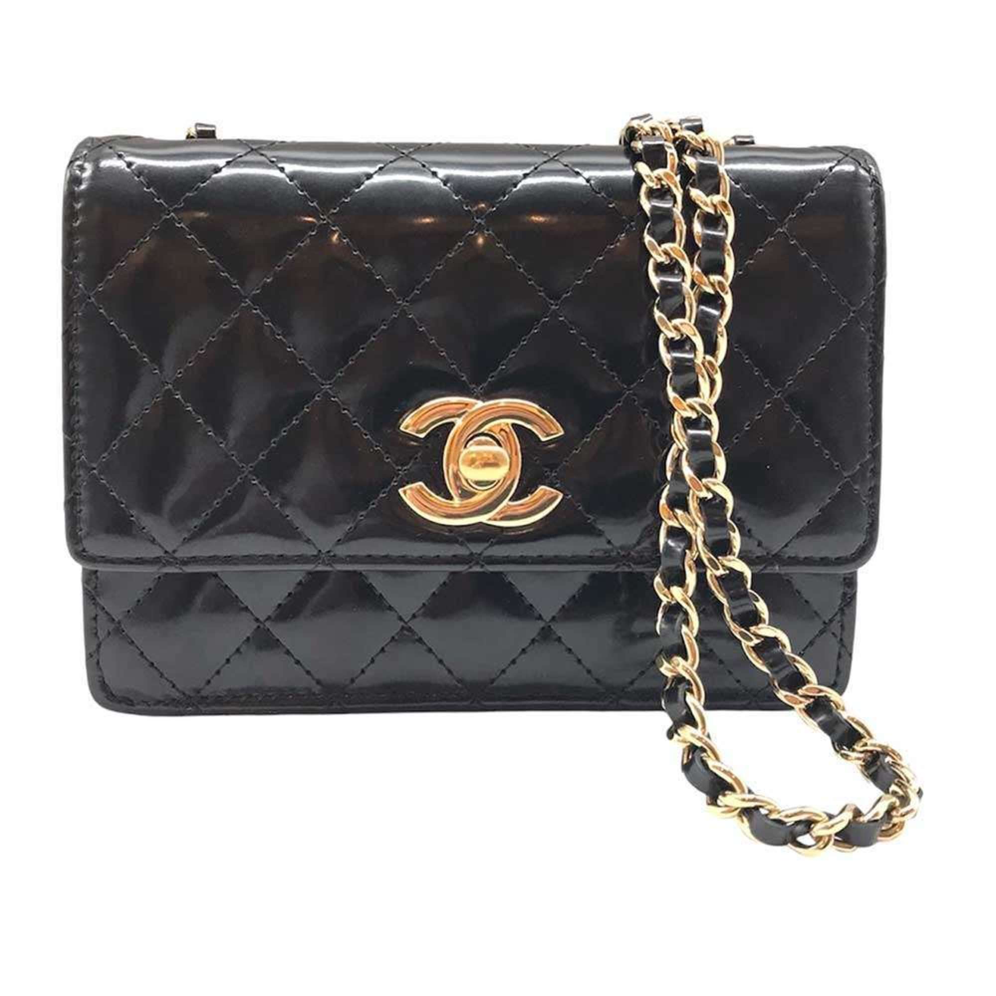 Chanel Matelasse Shoulder Bag Pouch Enamel Black Cross Stitch 15 Series CHANEL