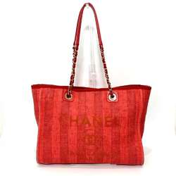 CHANEL Deauville Line Medium Tote Bag Red Mixed Fiber x Calf Leather