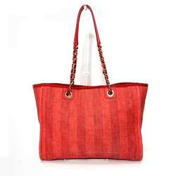 CHANEL Deauville Line Medium Tote Bag Red Mixed Fiber x Calf Leather