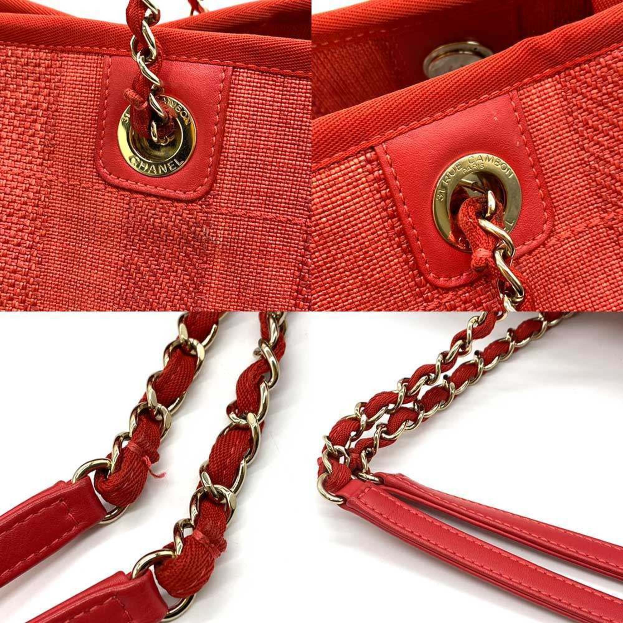 CHANEL Deauville Line Medium Tote Bag Red Mixed Fiber x Calf Leather