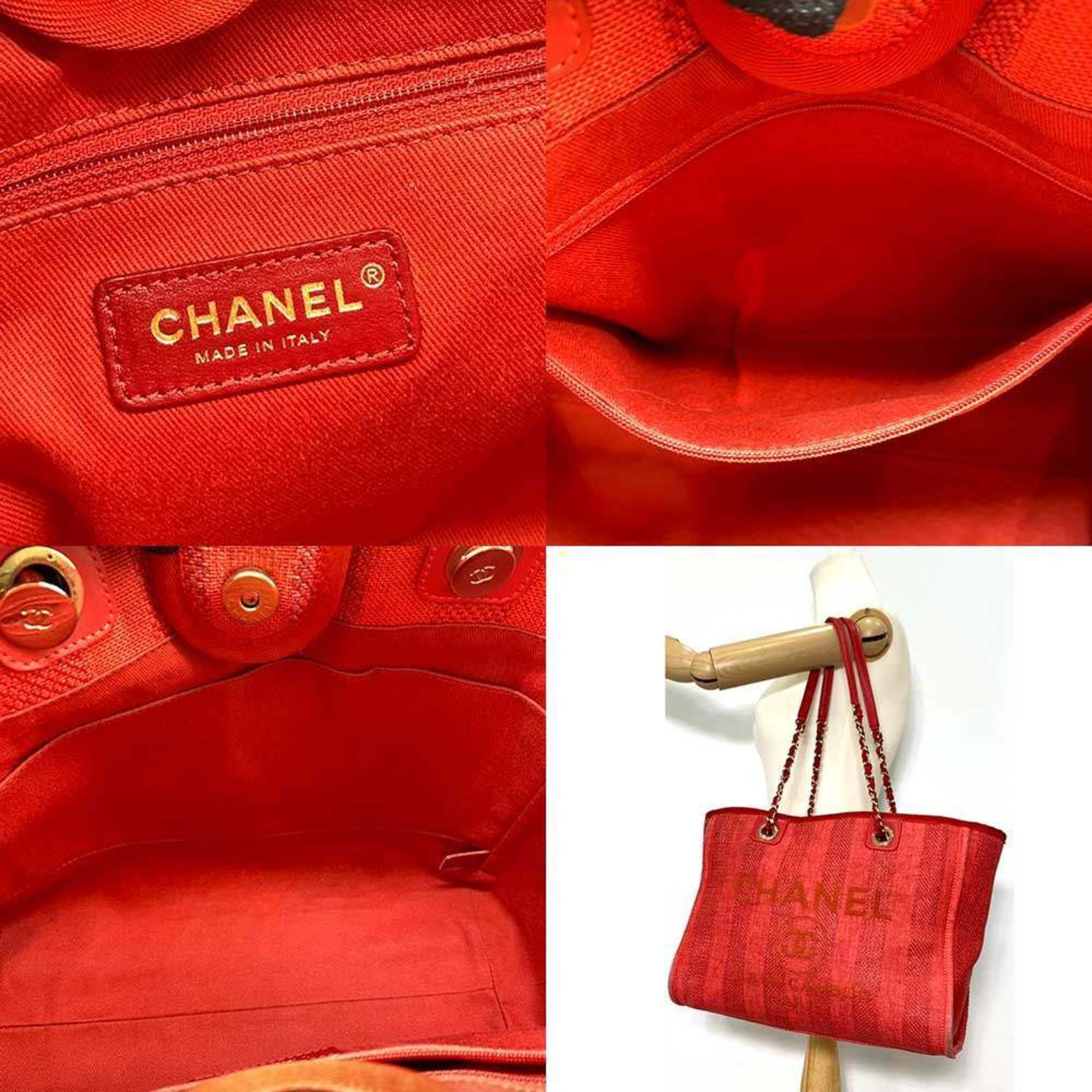 CHANEL Deauville Line Medium Tote Bag Red Mixed Fiber x Calf Leather