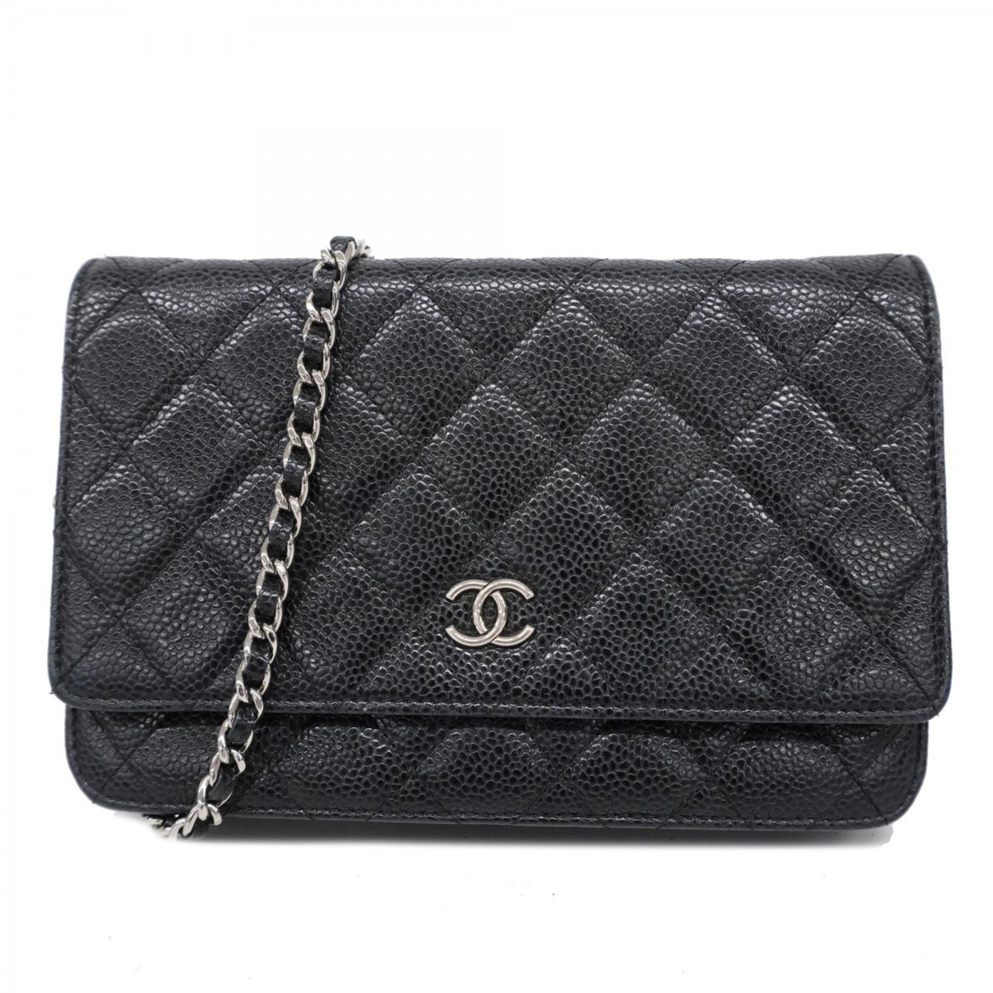 Chanel Shoulder Wallet Matelasse Caviar Skin Black Women's