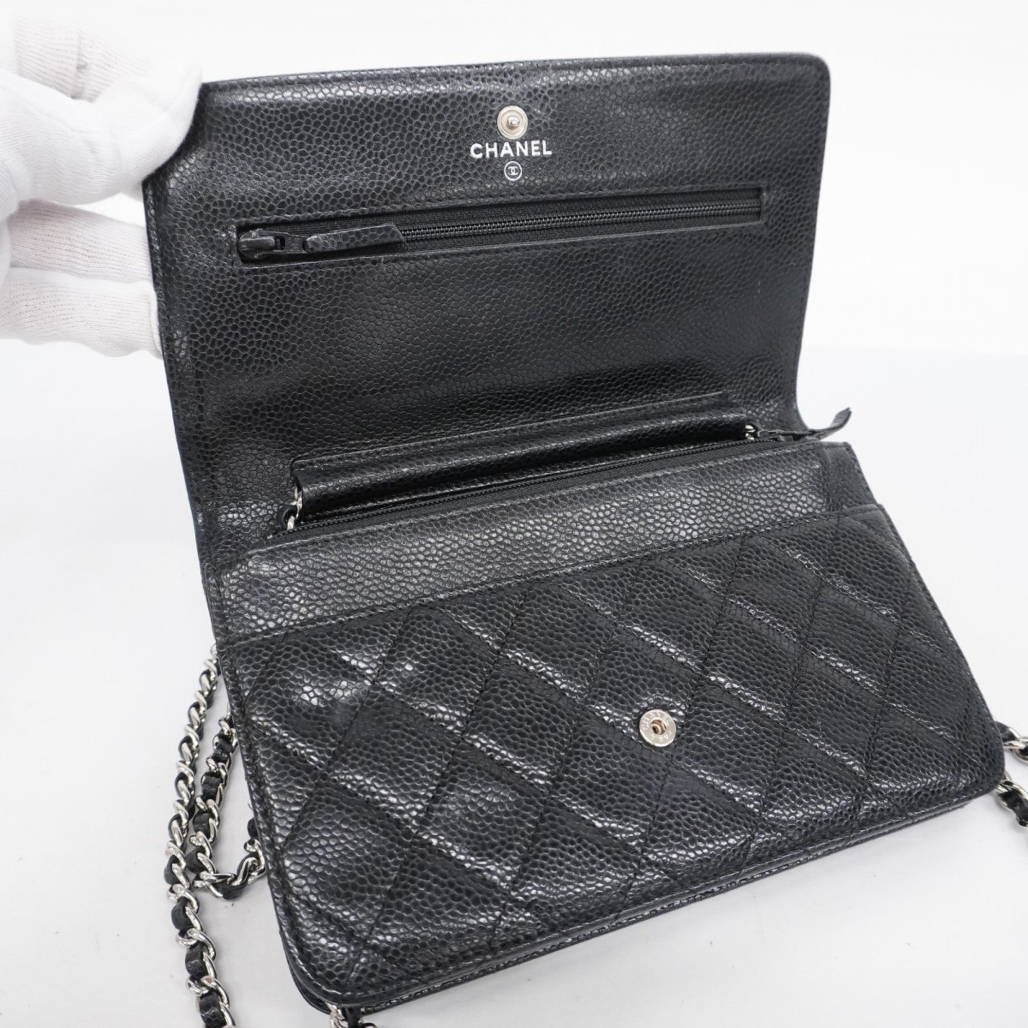 Chanel Shoulder Wallet Matelasse Caviar Skin Black Women's