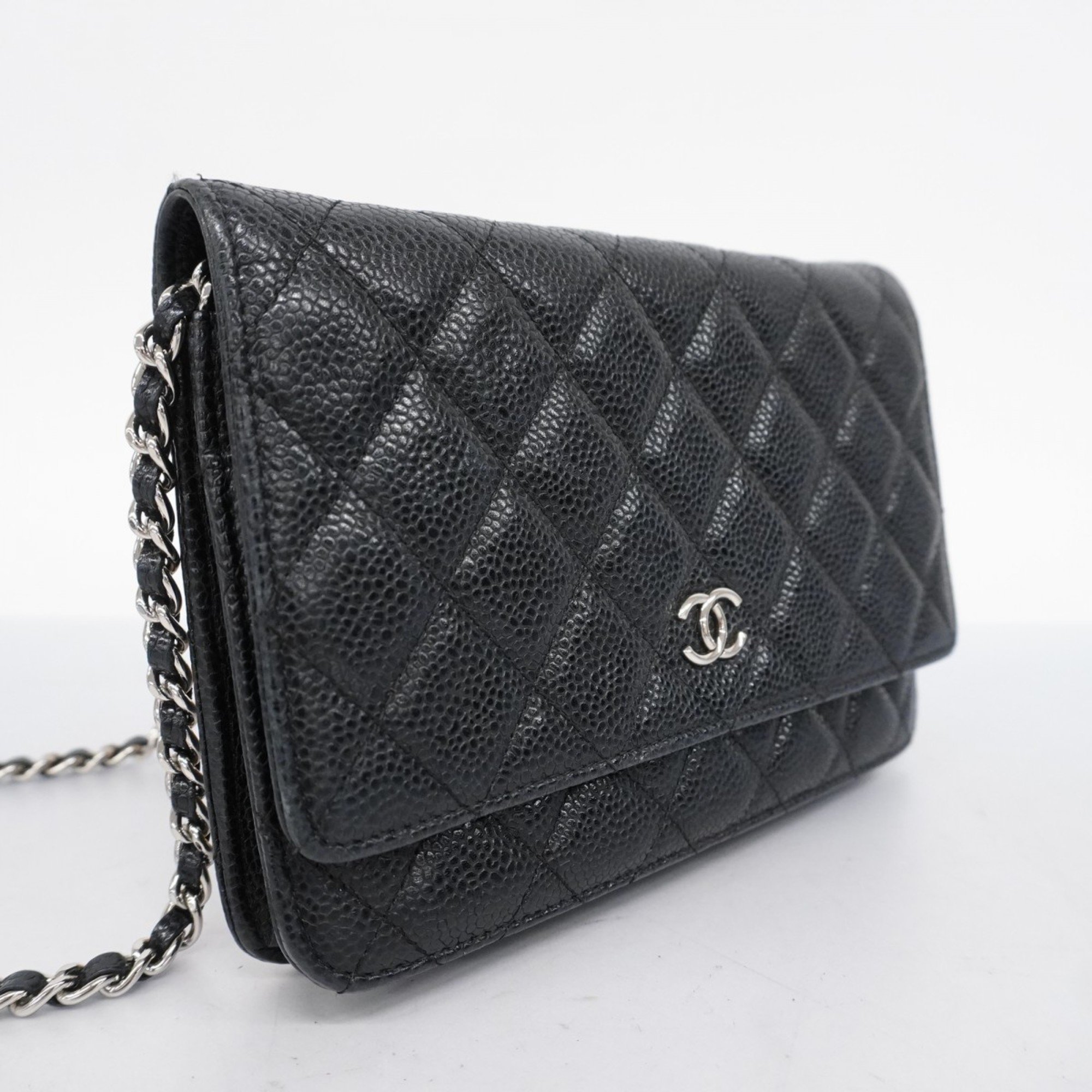 Chanel Shoulder Wallet Matelasse Caviar Skin Black Women's