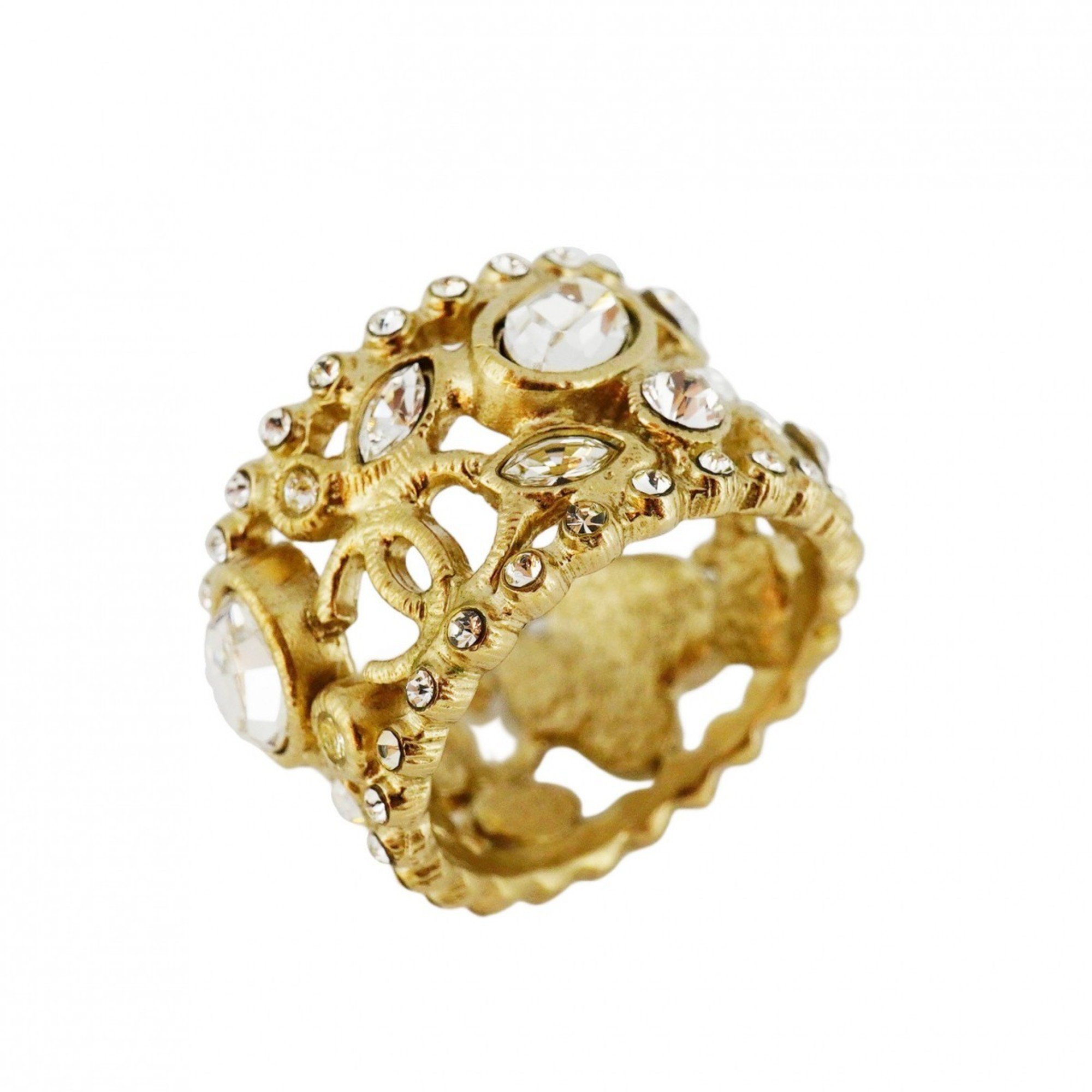 Chanel Ring Coco Mark Rhinestone GP Plated Champagne Gold Size 13 for Women