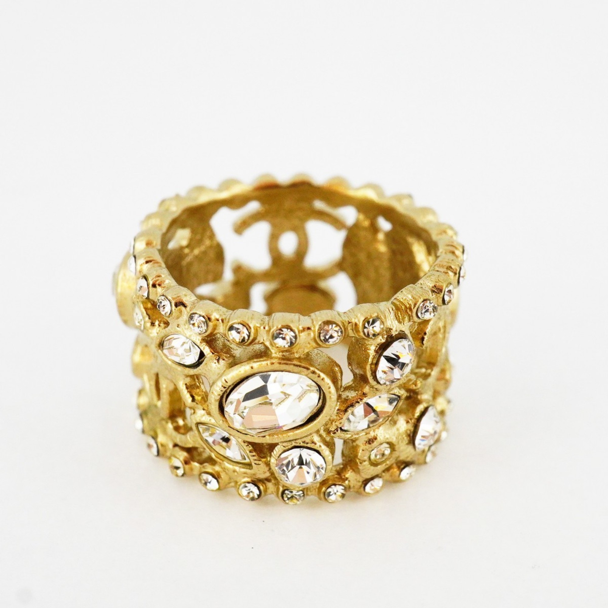 Chanel Ring Coco Mark Rhinestone GP Plated Champagne Gold Size 13 for Women