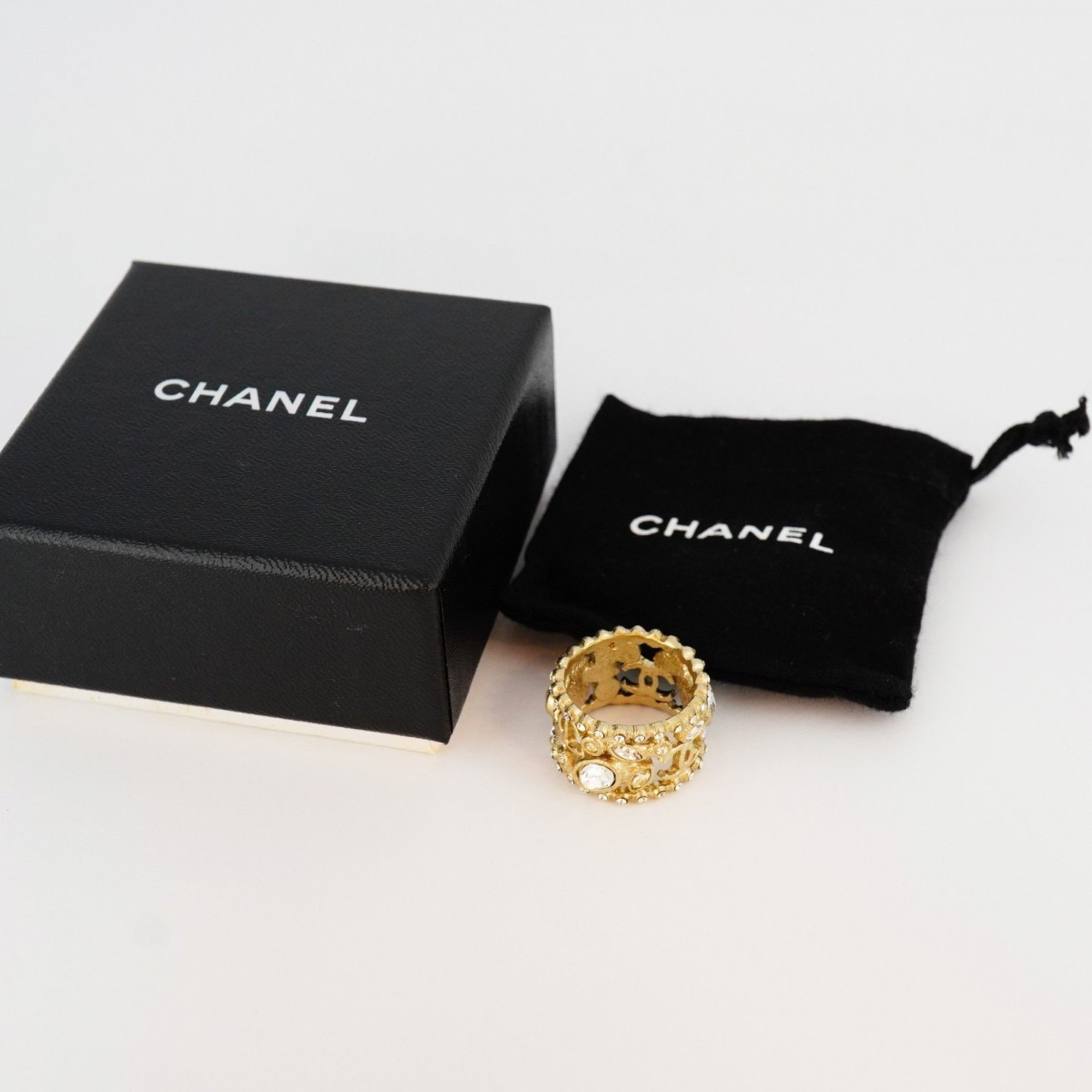 Chanel Ring Coco Mark Rhinestone GP Plated Champagne Gold Size 13 for Women