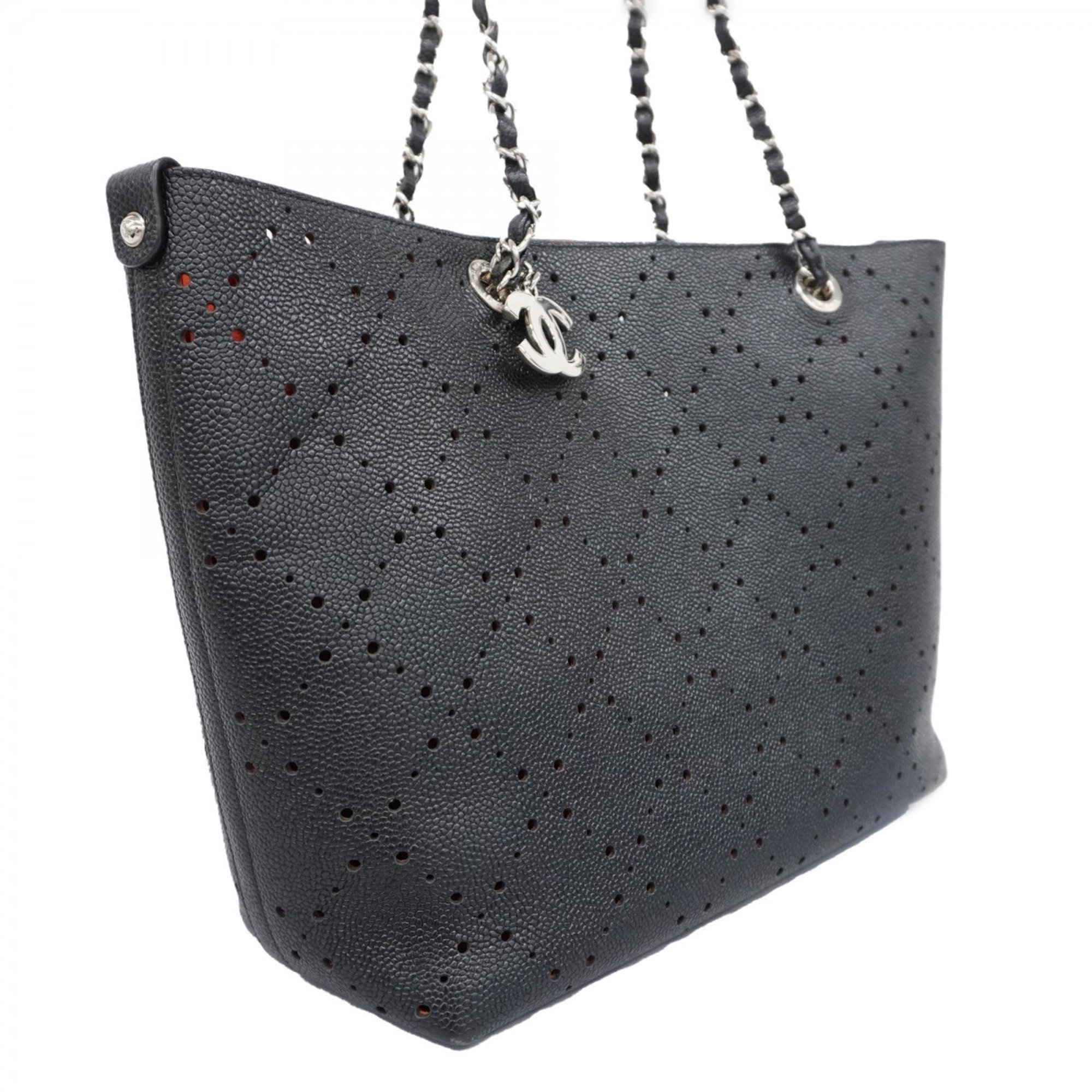 Chanel Tote Bag Punched Caviar Skin Black Ladies