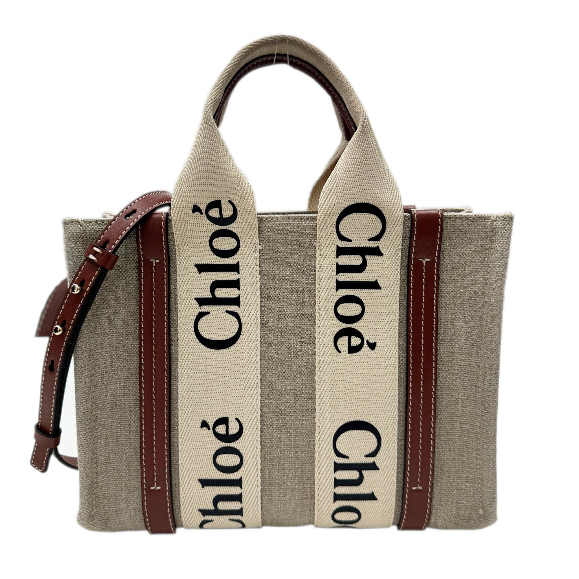 Chloé Chloe WOODY Small Tote Bag Canvas Leather Women's White Brown Grey