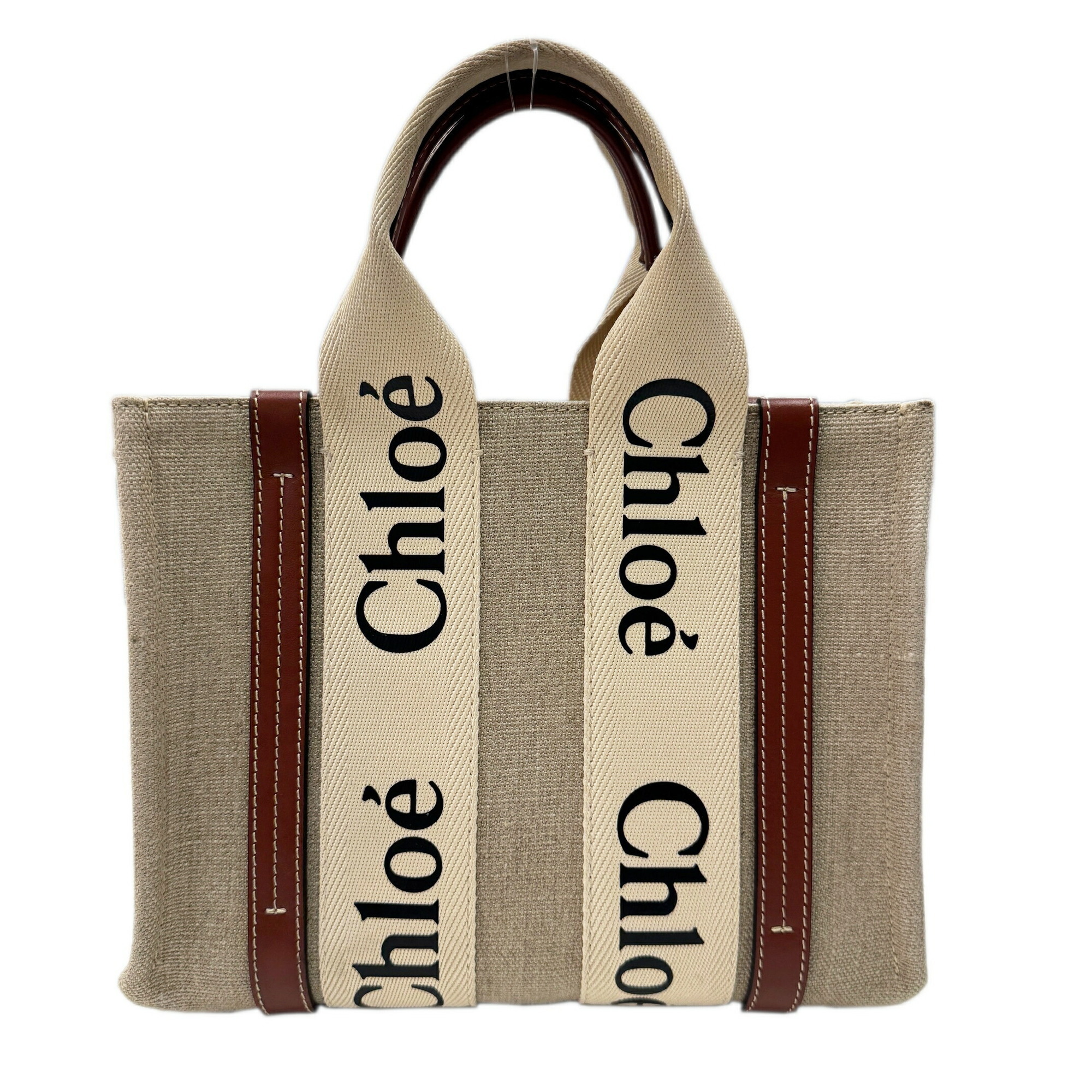 Chloé Chloe WOODY Small Tote Bag Canvas Leather Women's White Brown Grey