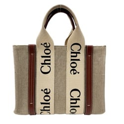 Chloé Chloe WOODY Small Tote Bag Canvas Leather Women's White Brown Grey