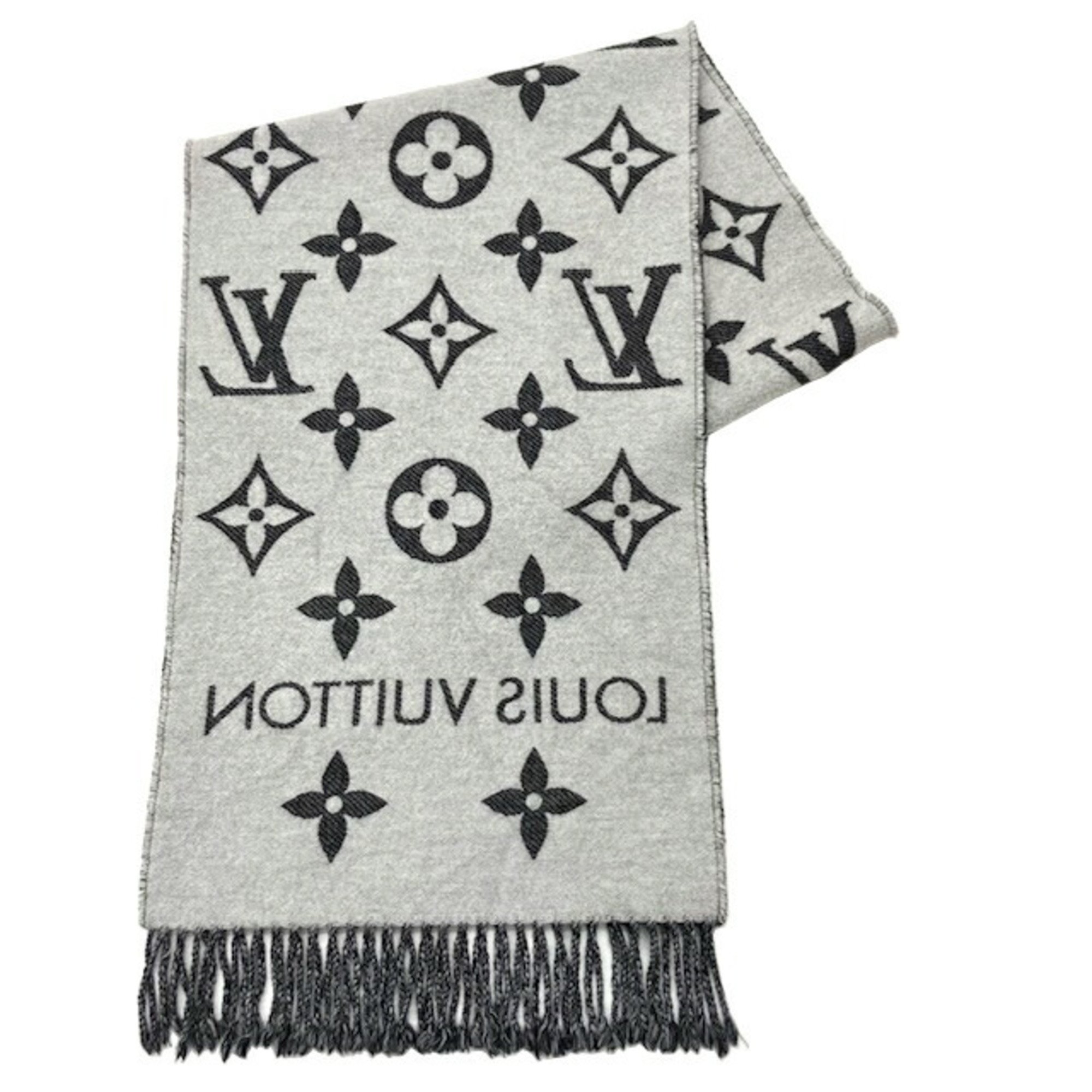 LOUIS VUITTON Louis Vuitton Scarf LV Essential M77853 MR5202 Noir Stole Black Grey Men's Women's