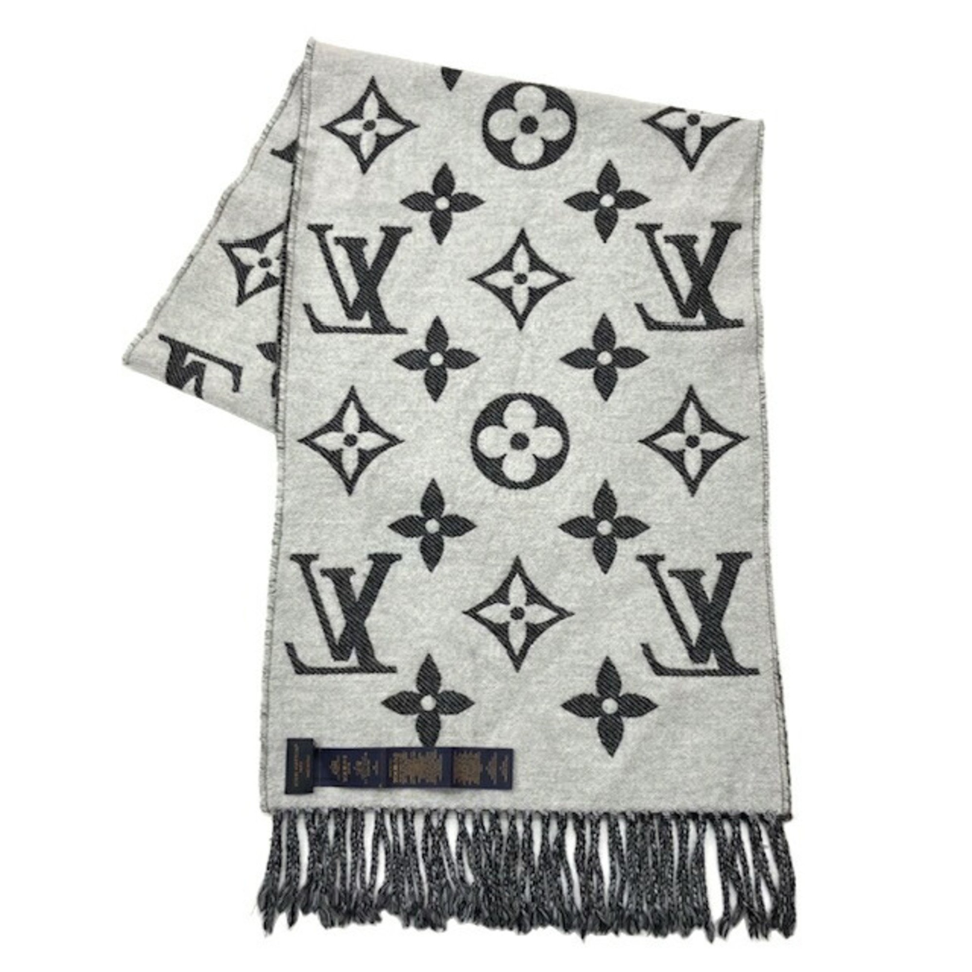 LOUIS VUITTON Louis Vuitton Scarf LV Essential M77853 MR5202 Noir Stole Black Grey Men's Women's