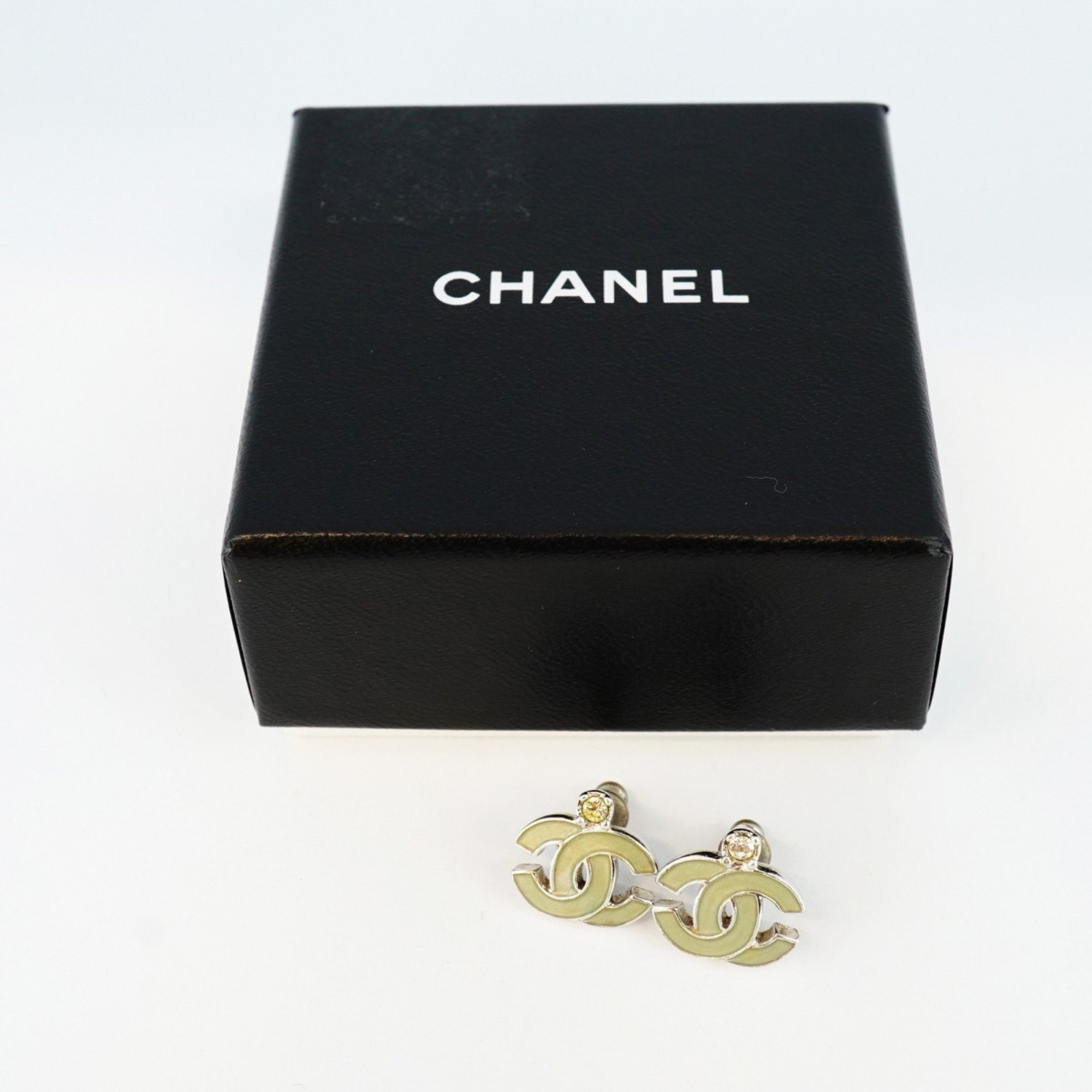 Chanel earrings, Coco mark, rhinestone, metal, silver, for women