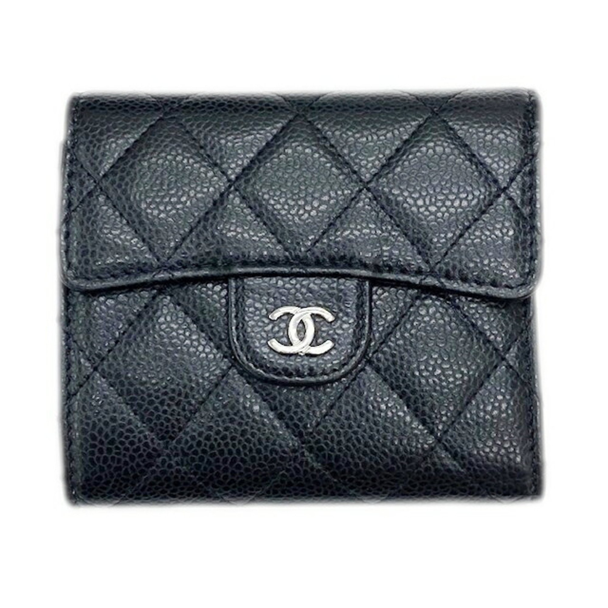 CHANEL Classic Small Flap Wallet Random Number Tri-Fold Caviar Skin AP0231 Black Matelasse Women's