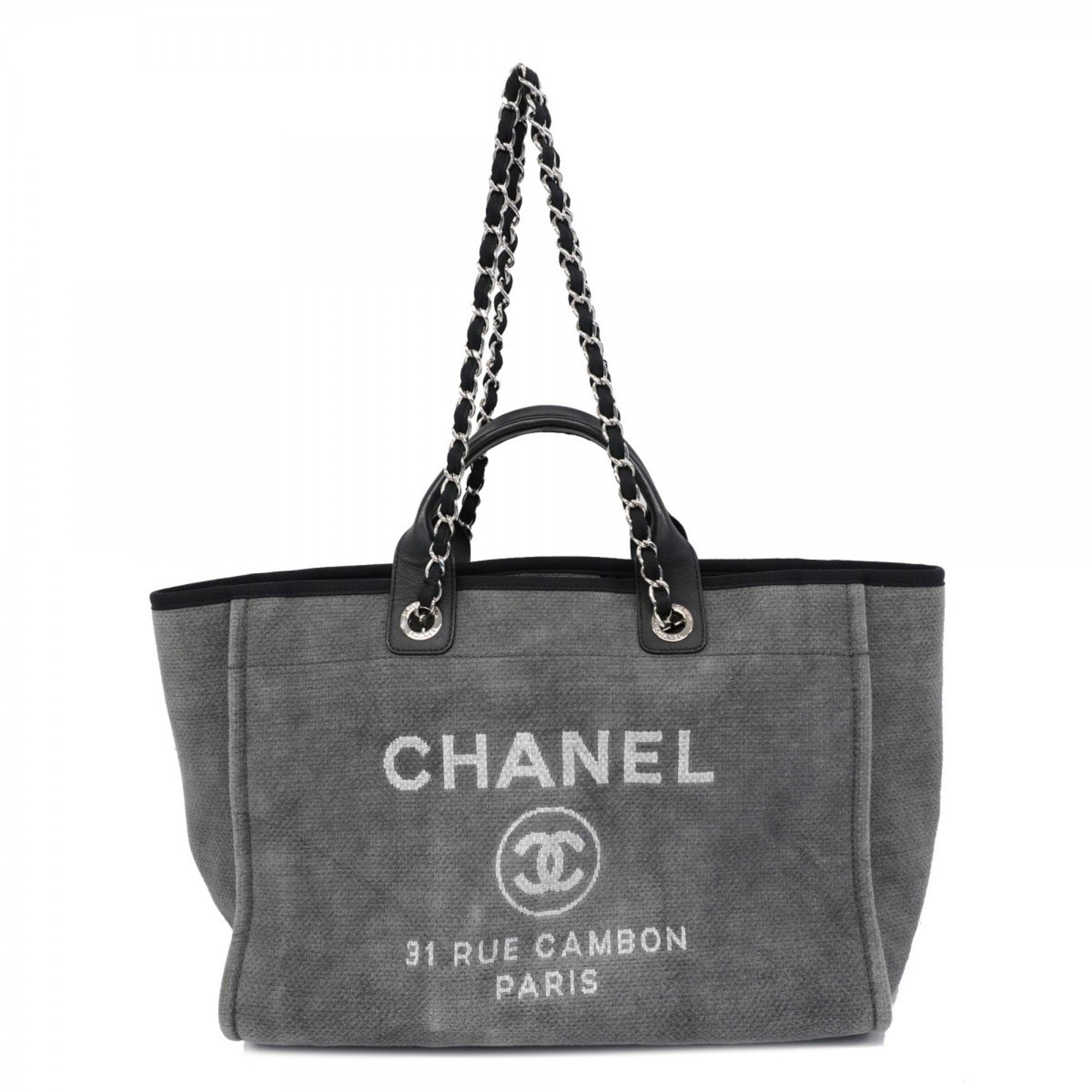 Chanel Tote Bag Deauville Canvas Grey Black Women's