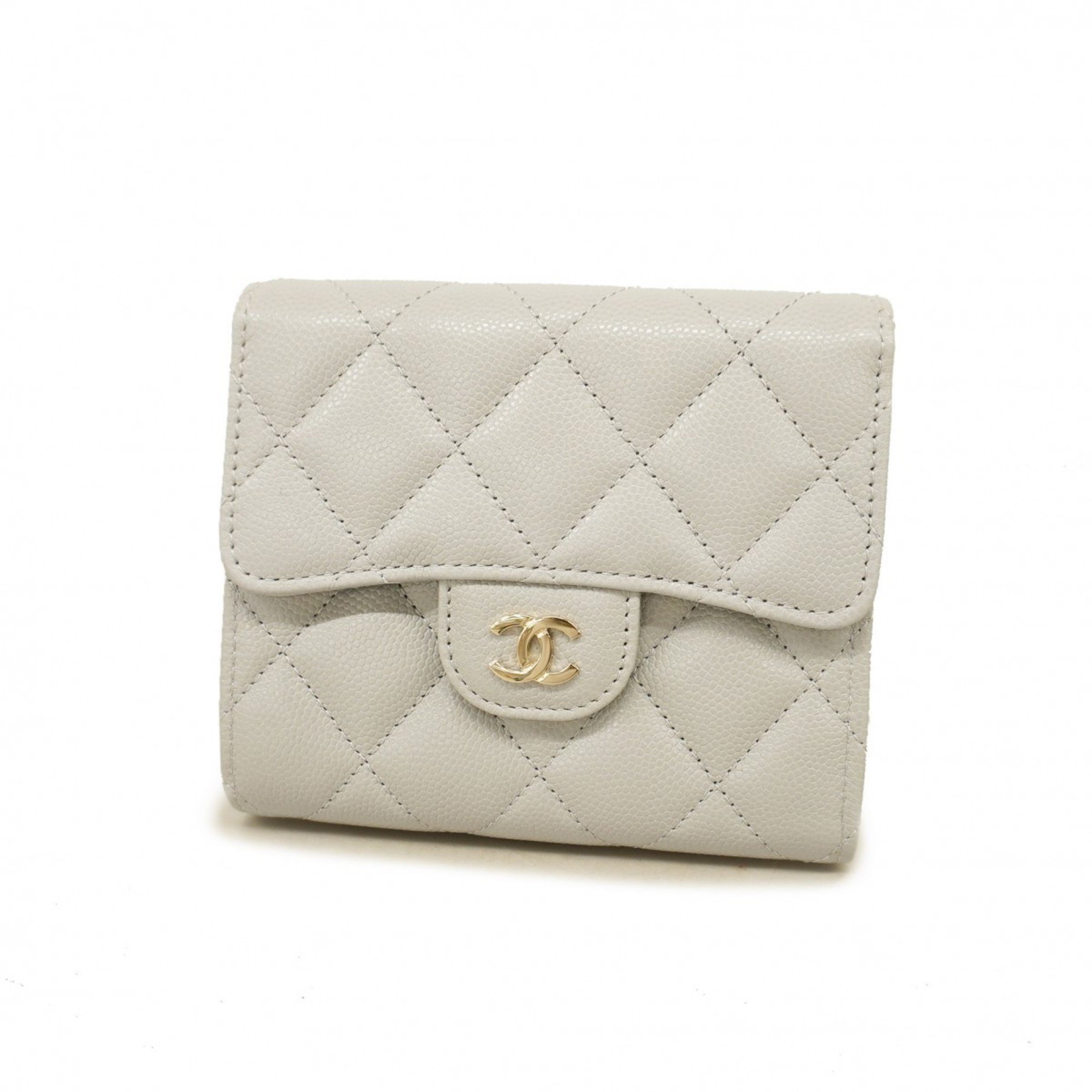 Chanel Tri-fold Wallet Matelasse Caviar Skin Grey Champagne Ladies