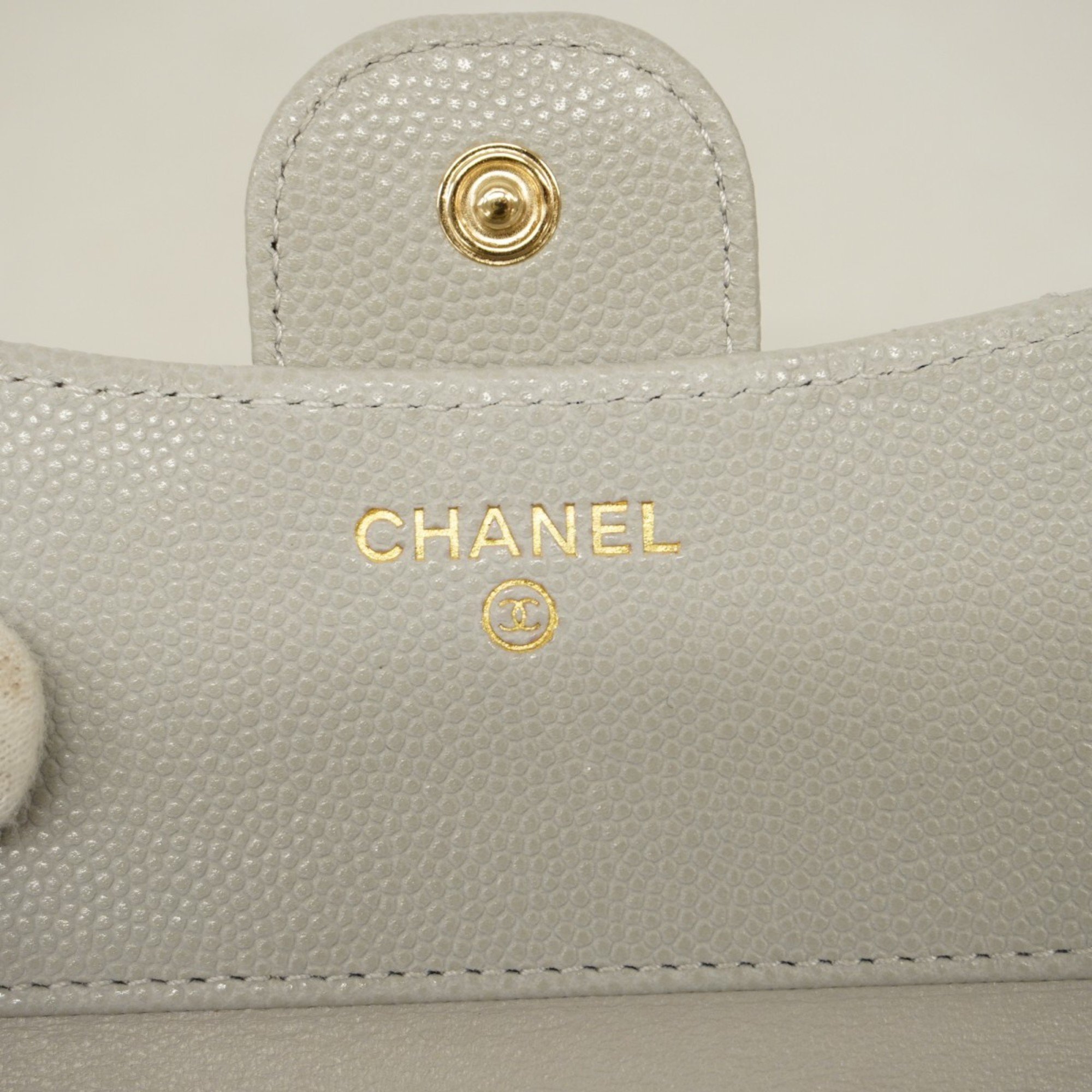 Chanel Tri-fold Wallet Matelasse Caviar Skin Grey Champagne Ladies