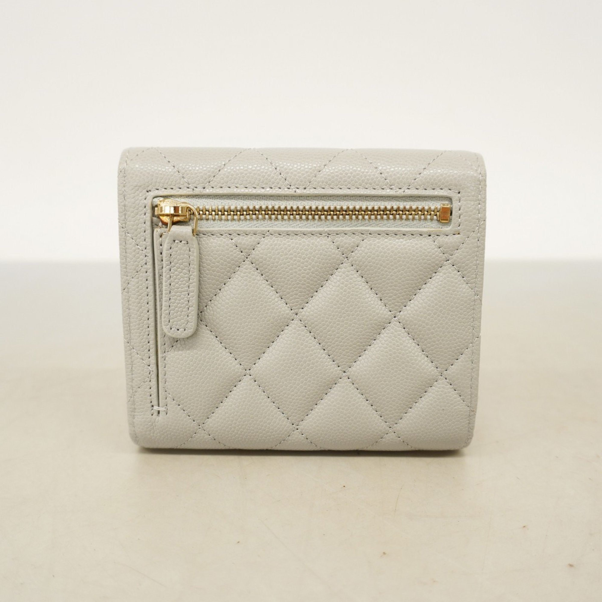 Chanel Tri-fold Wallet Matelasse Caviar Skin Grey Champagne Ladies