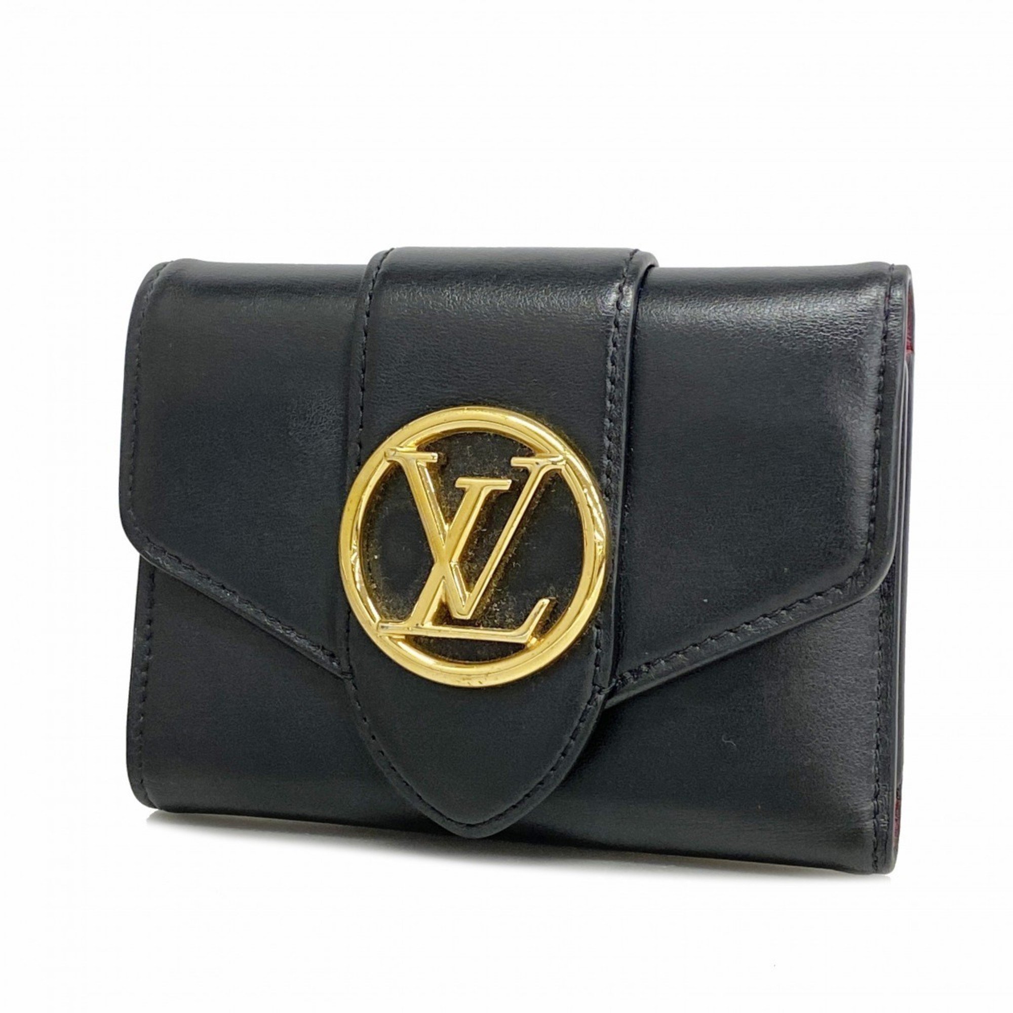 Louis Vuitton Tri-fold Long Wallet Grain Calfskin Portefeuille LV Pont Neuf Compact M69175 Noir Ladies