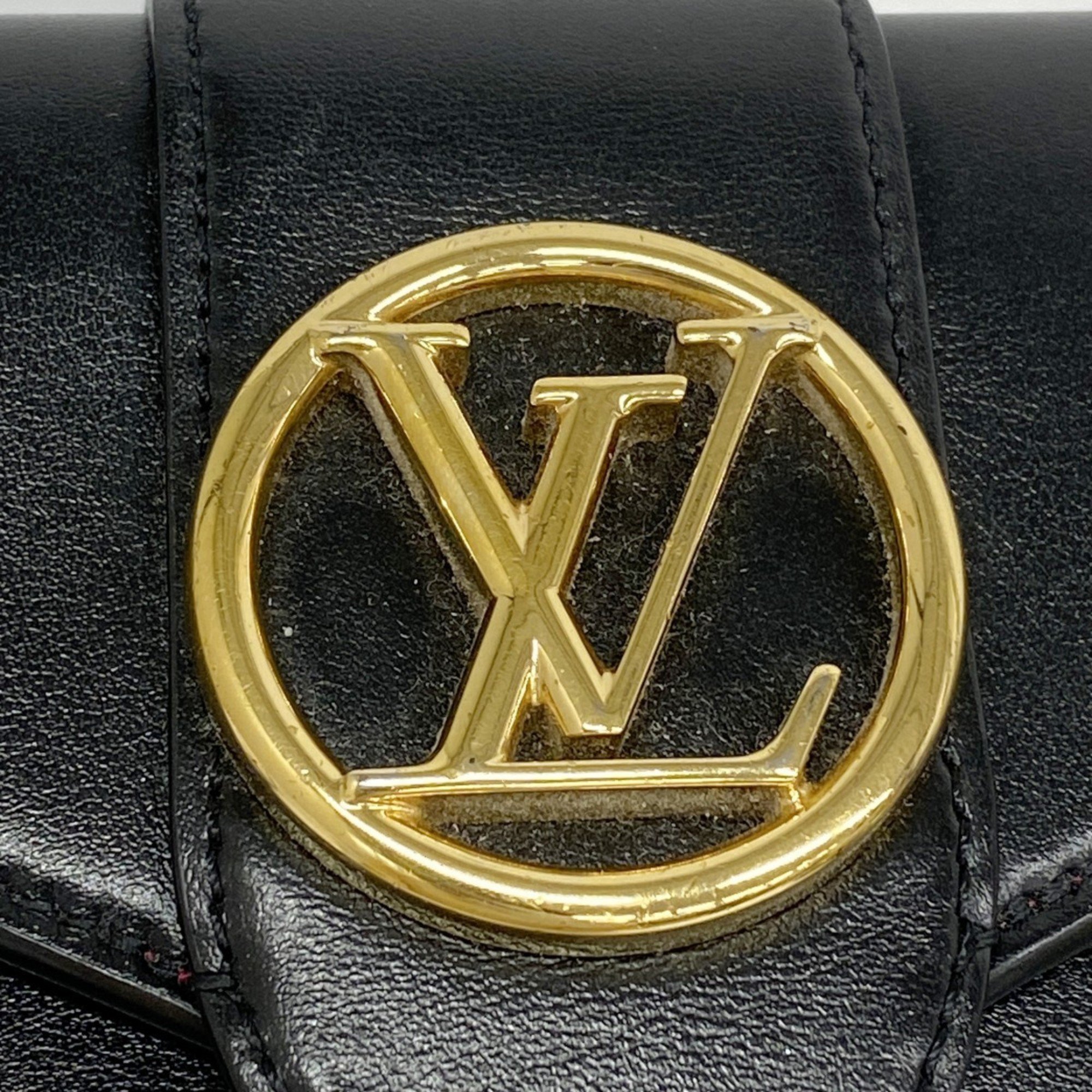 Louis Vuitton Tri-fold Long Wallet Grain Calfskin Portefeuille LV Pont Neuf Compact M69175 Noir Ladies