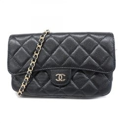 Chanel Shoulder Wallet Matelasse Caviar Skin Black Champagne Ladies