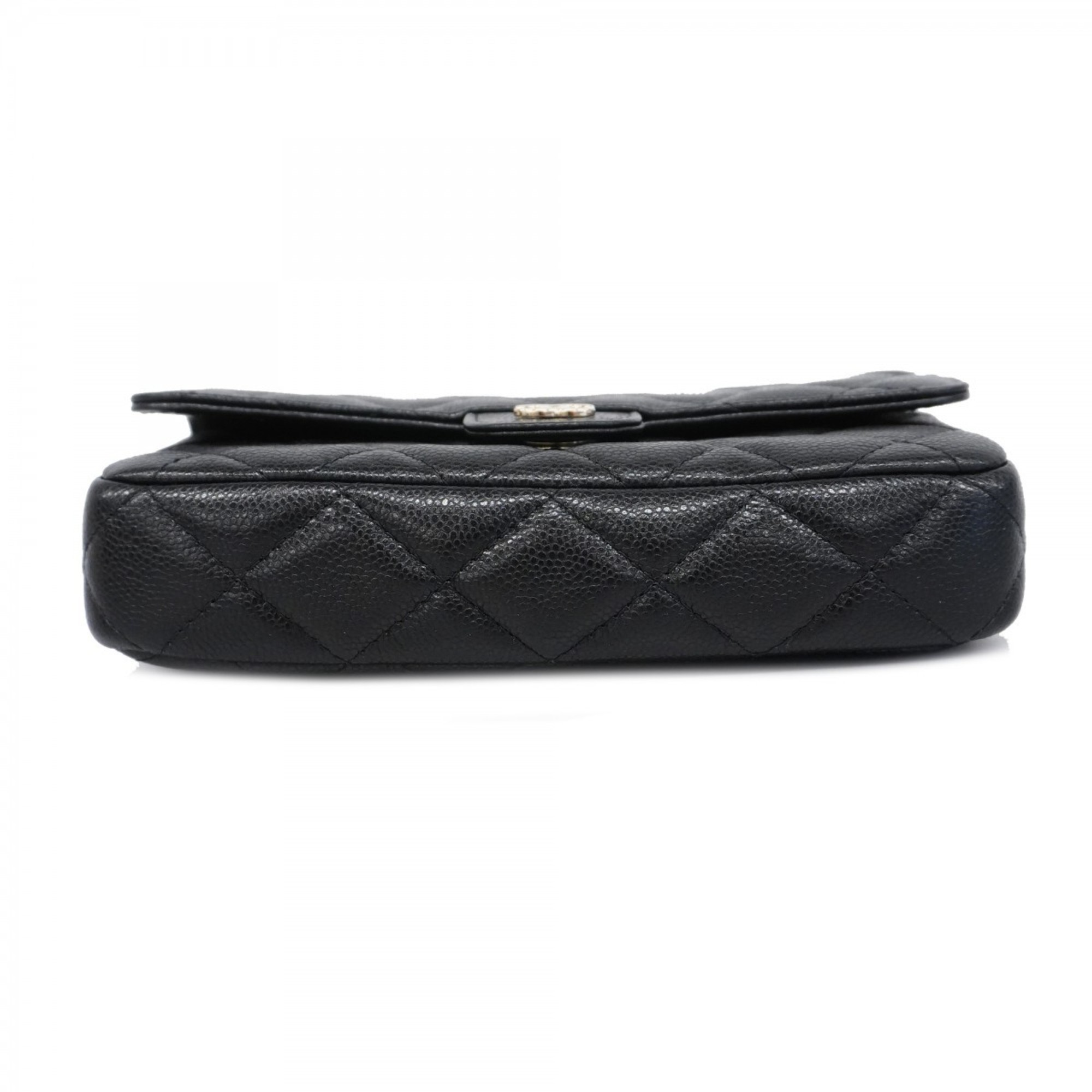 Chanel Shoulder Wallet Matelasse Caviar Skin Black Champagne Ladies