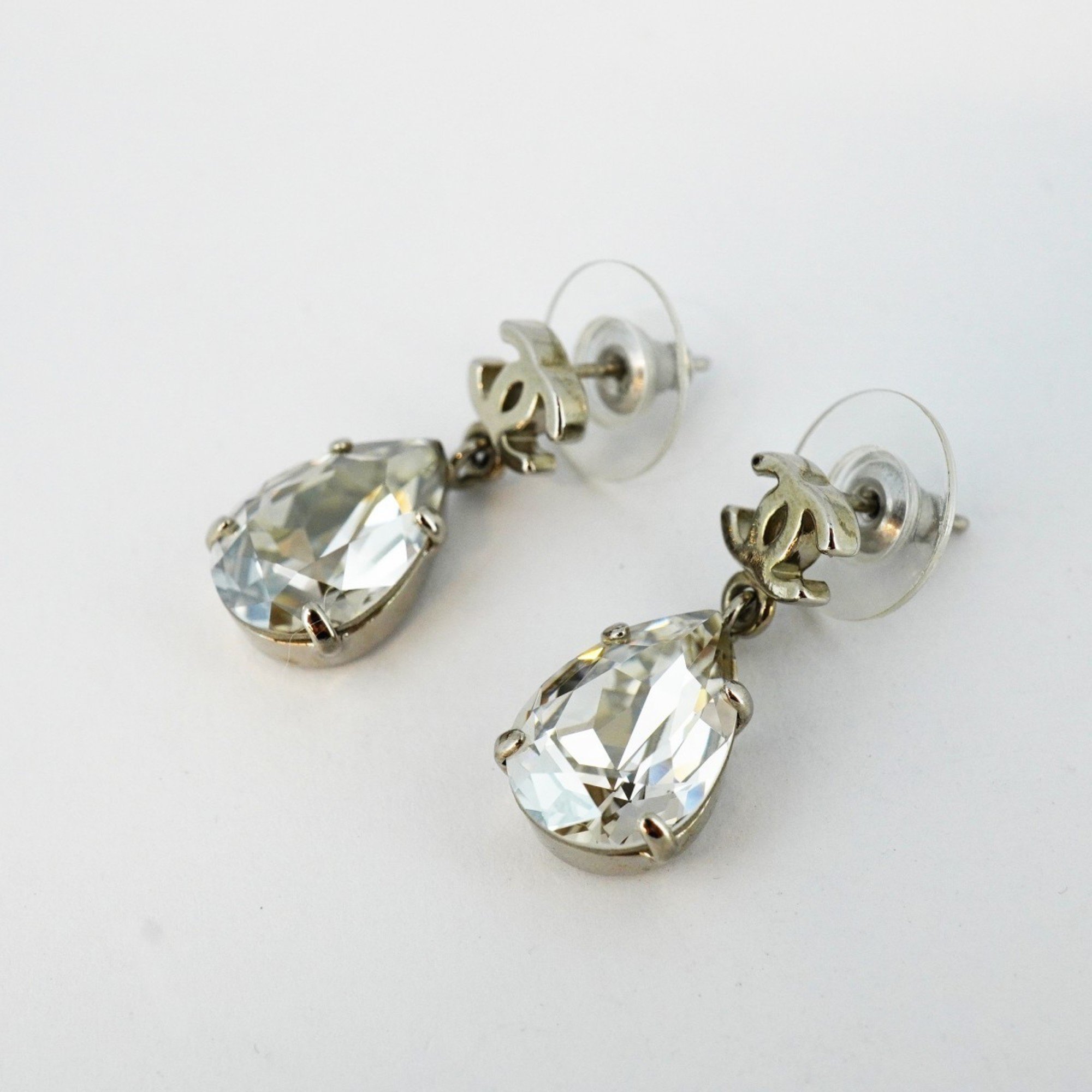 Chanel earrings, Coco Mark, drop motif, rhinestone, metal, silver, for women