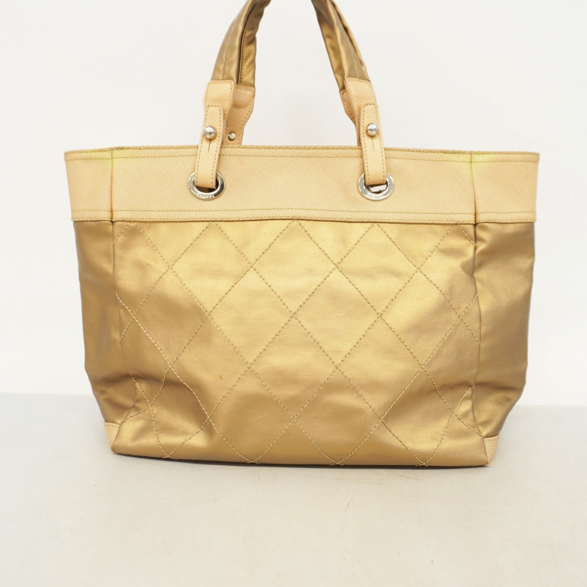 Chanel Tote Bag Paris Biarritz Canvas Gold Beige Women's