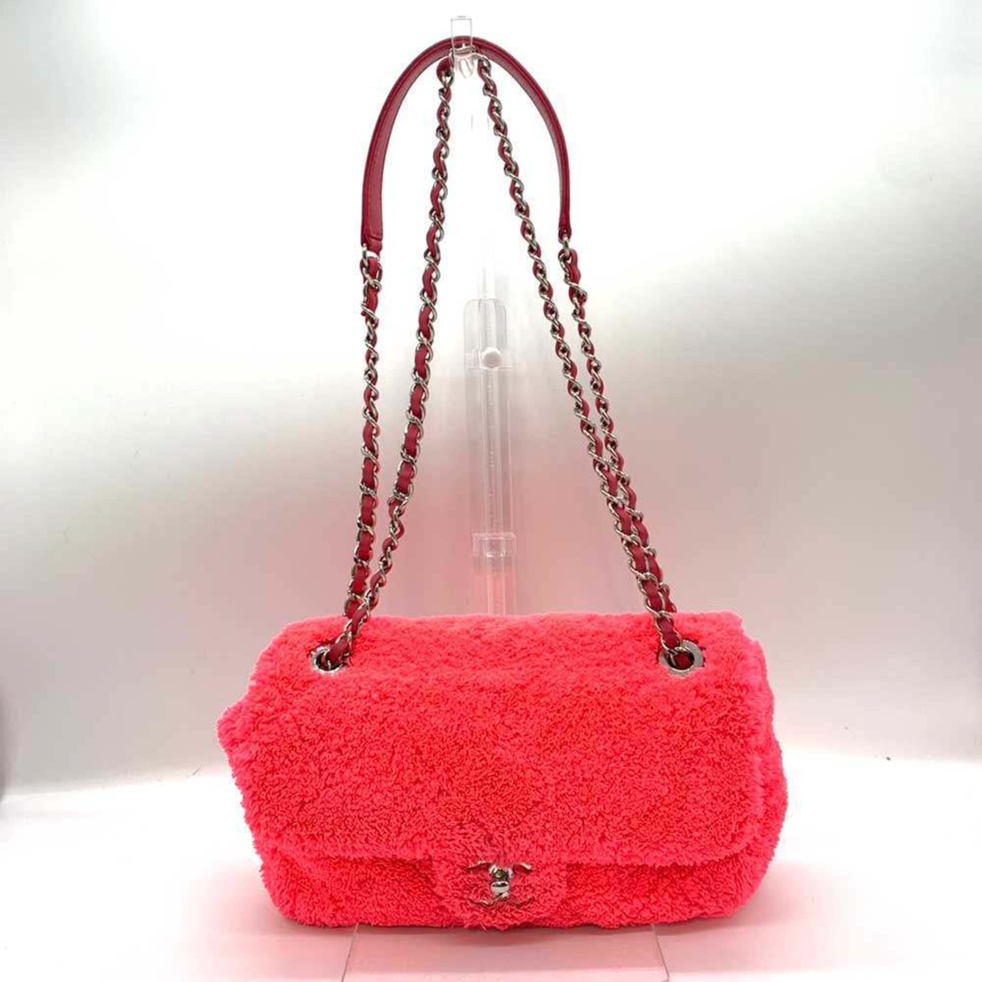 Chanel Chain Shoulder Bag Pink Neon Color Pochette 2way Matelasse Pattern Women's Pile Toweling Canvas CHANEL