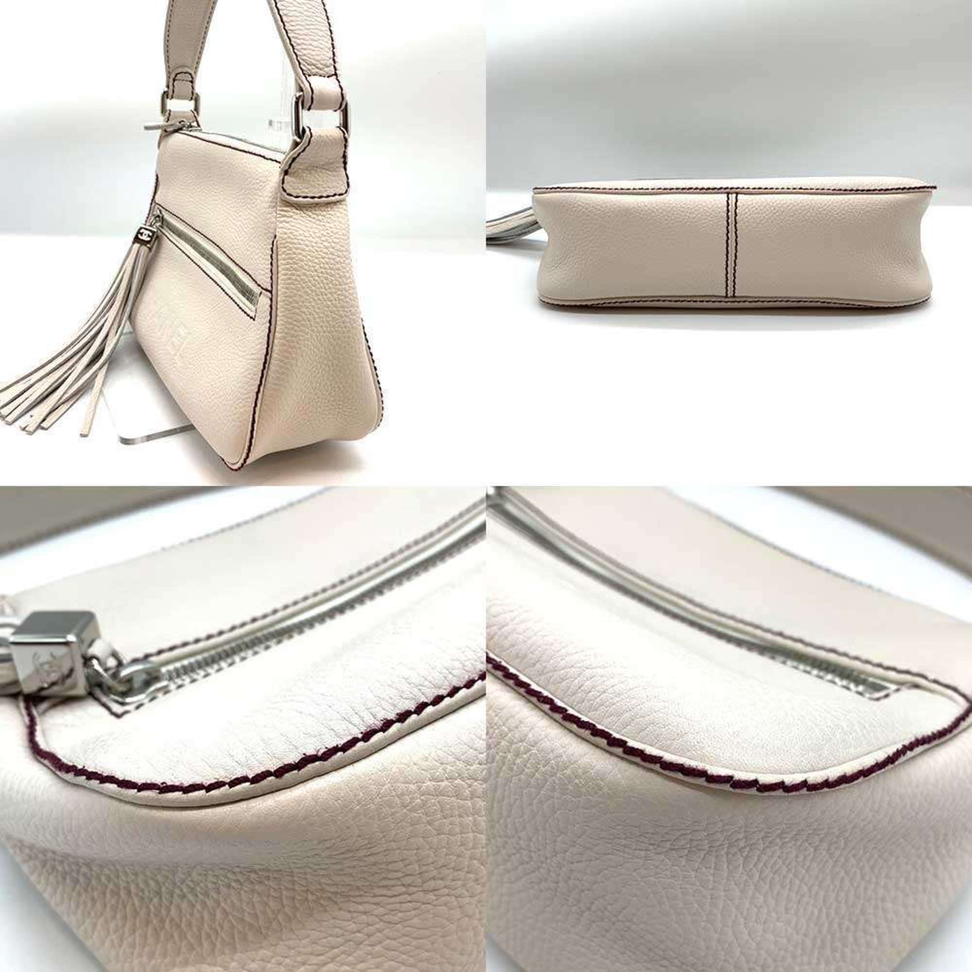 Chanel Shoulder Bag Horizontal White Tassel Women's Leather CHANEL