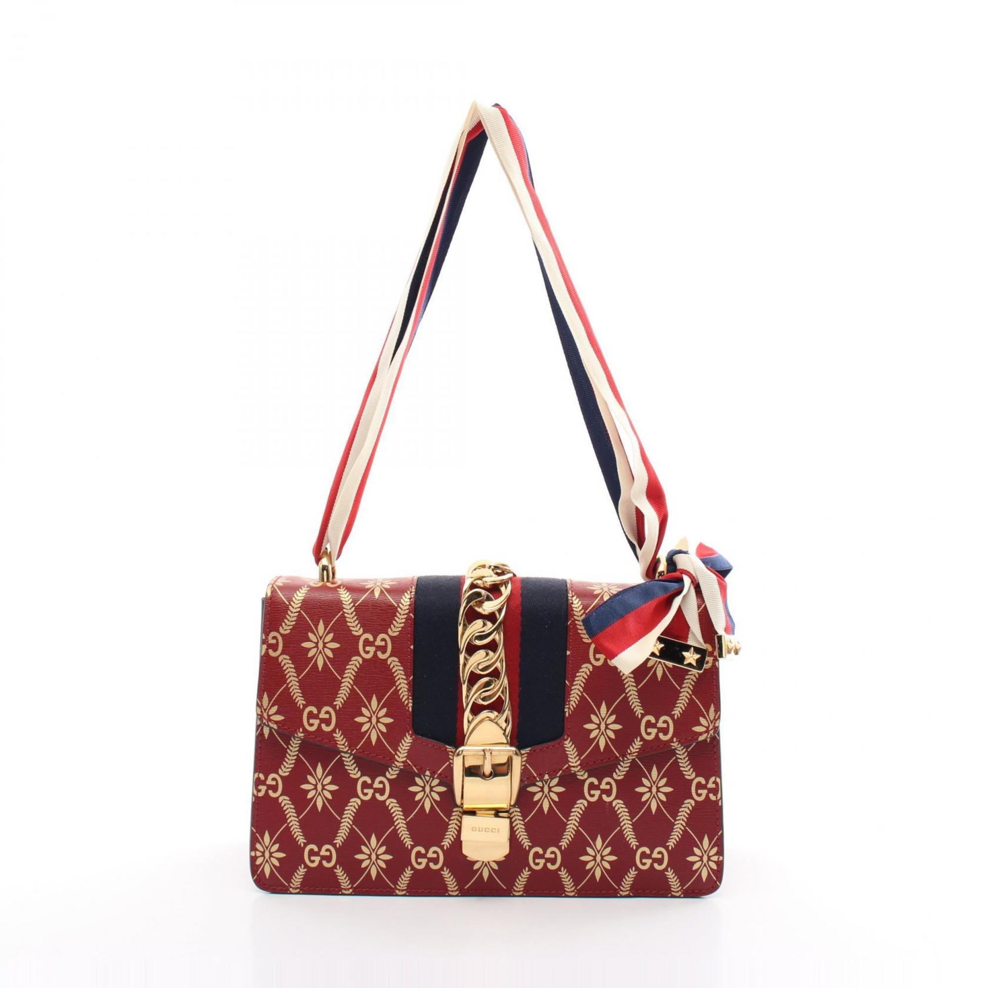 GUCCI Sylvie Sherry Line GG Pattern Shoulder Bag Leather Women's Red Multicolor 524405