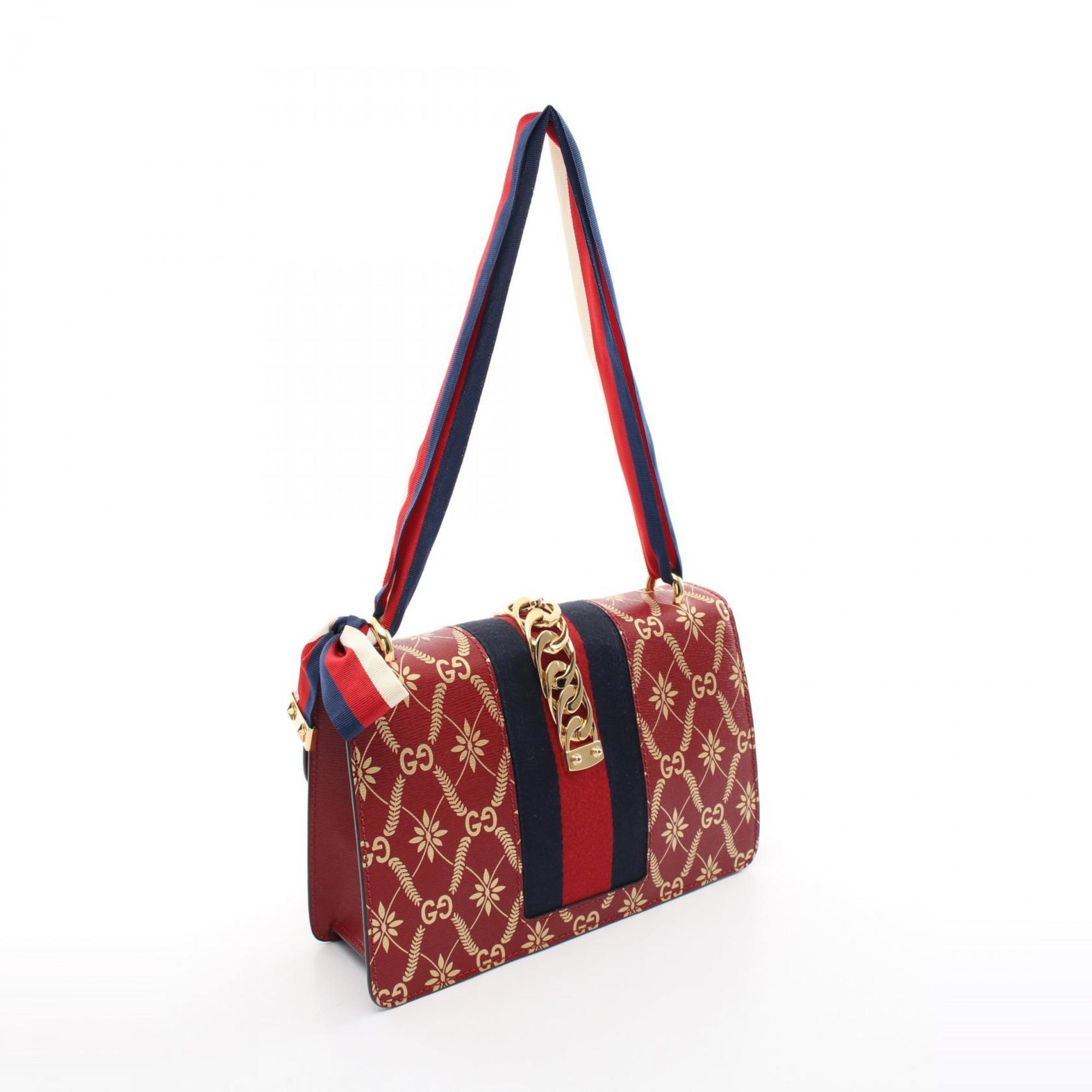 GUCCI Sylvie Sherry Line GG Pattern Shoulder Bag Leather Women's Red Multicolor 524405