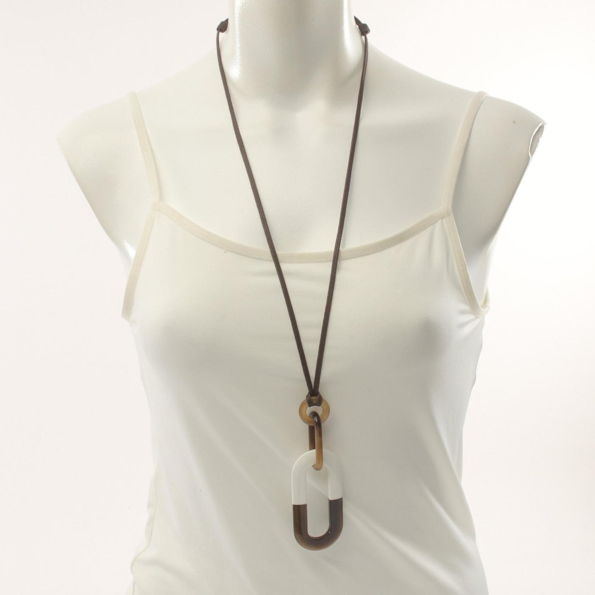 Hermes HERMES Meyance Necklace Leather Buffalo Horn Women's Brown White