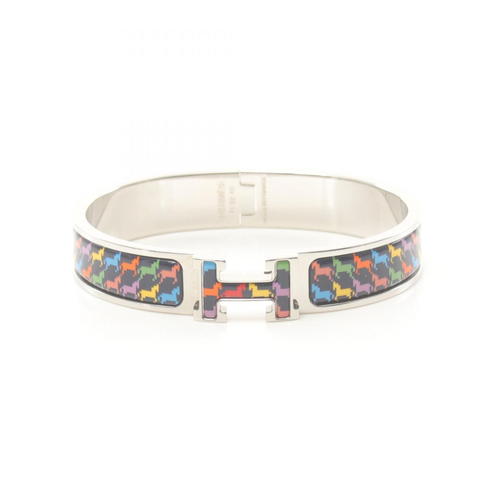 Hermes Click H Bangle Stainless Steel Enamel Women's Silver Navy Multicolor