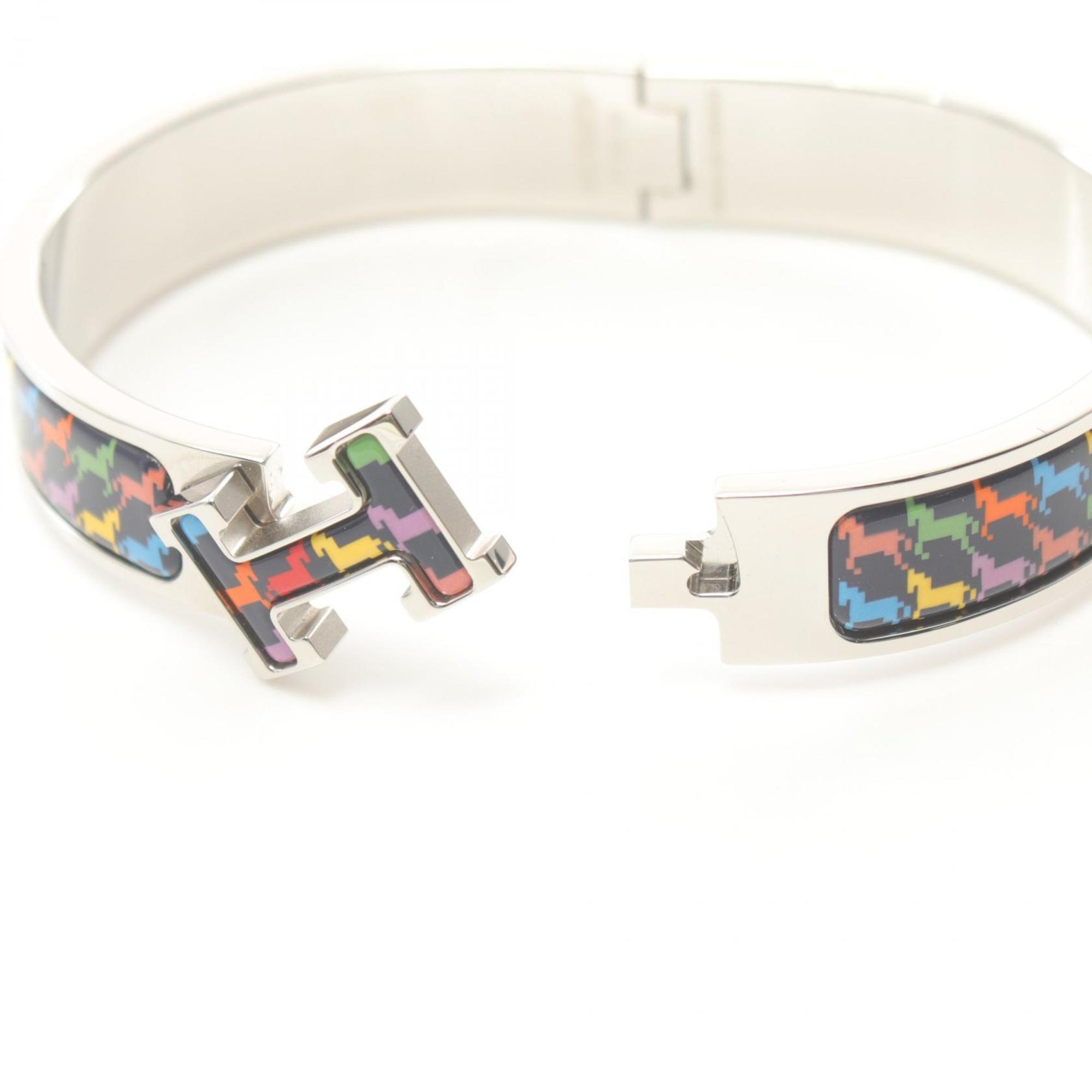 Hermes Click H Bangle Stainless Steel Enamel Women's Silver Navy Multicolor