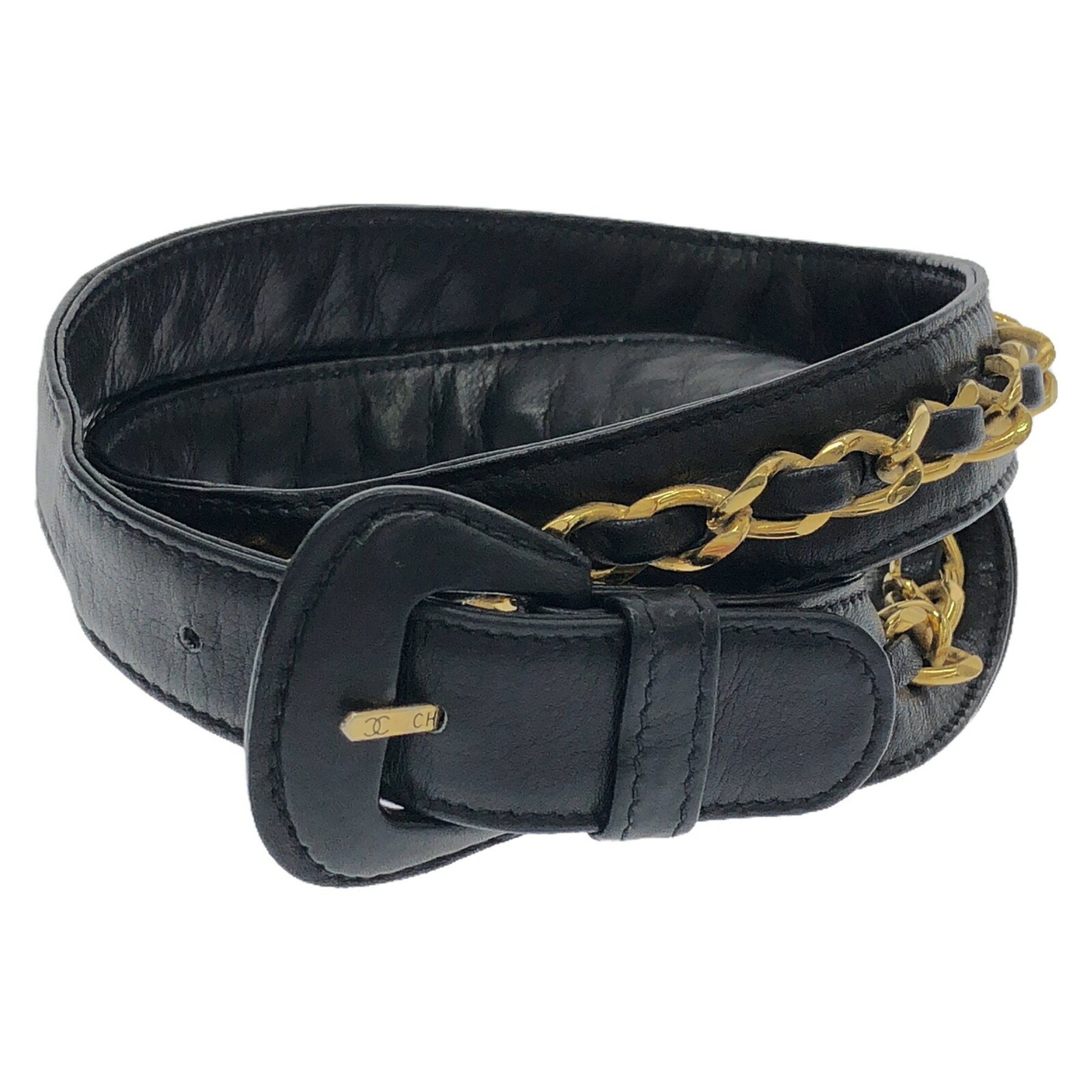 CHANEL Belt Black Chain Clothing Leather Women's