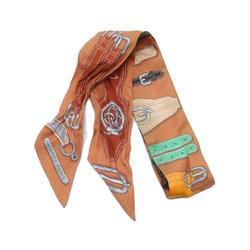 HERMES Twilly HARNAIS DES PRESIDENTS Silk Scarf for Women Brown Multicolor