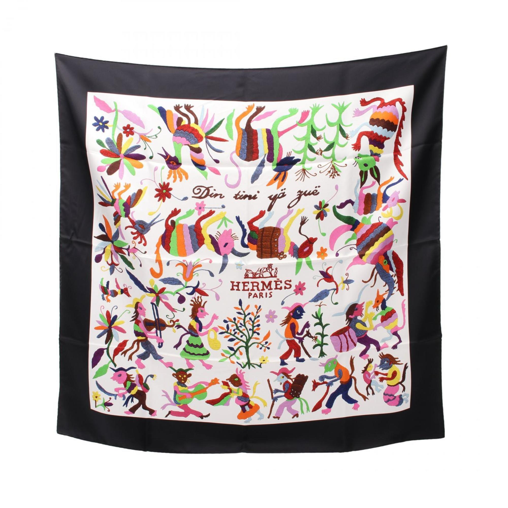 Hermes HERMES Carré 90 Din Tini Ya Zue Scarf Silk Women's White Black Multicolor