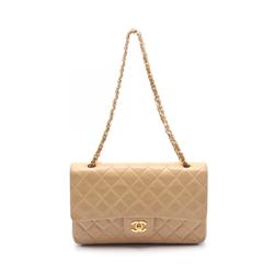 CHANEL Matelasse Double Flap Shoulder Bag Leather Women's Beige A01112